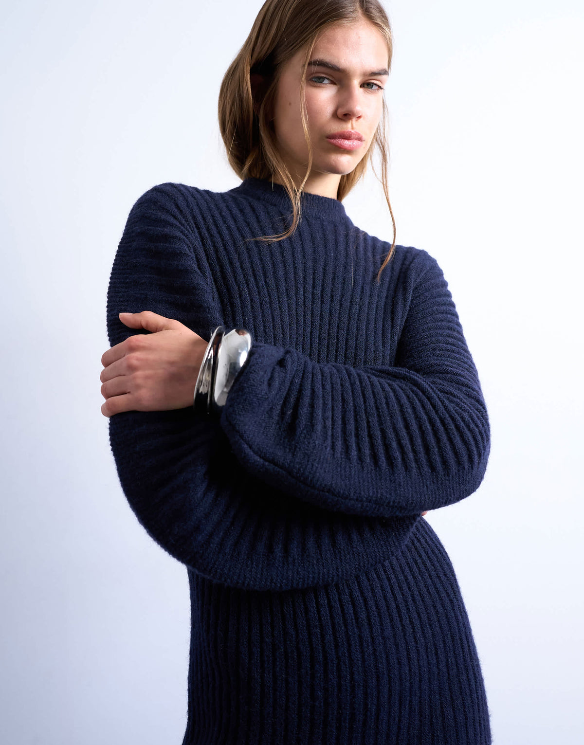 Topshop knitted cocoon ribbed dress in navy