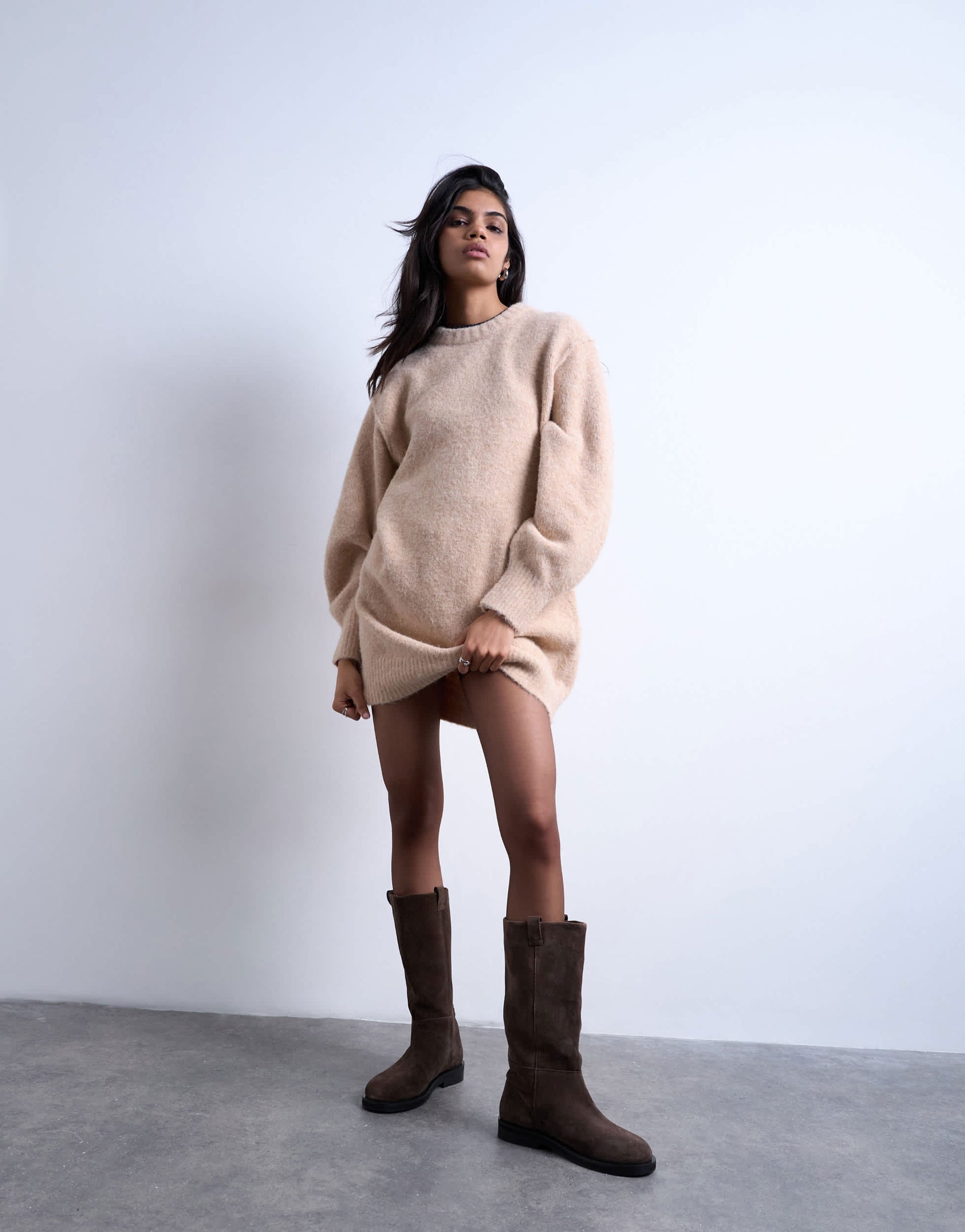 Topshop knitted wool crew neck mini dress in oat