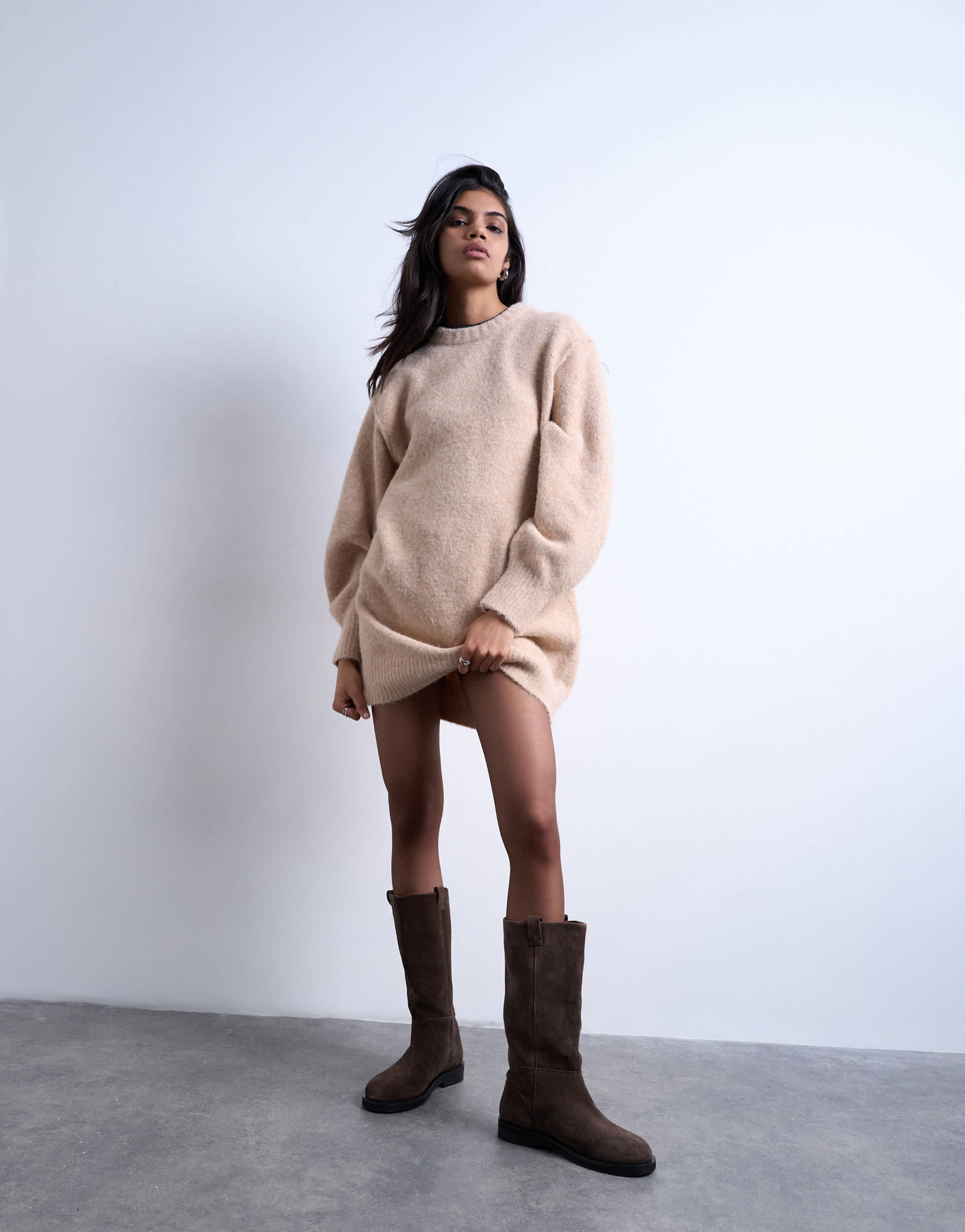 Topshop knitted wool crew neck mini dress in oat