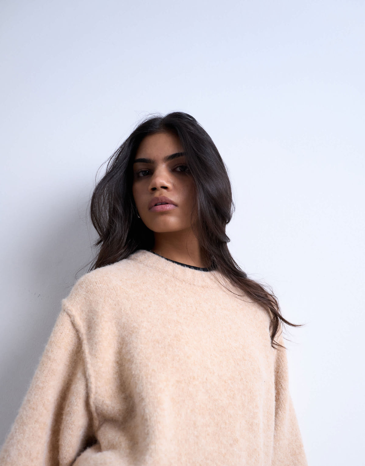Topshop knitted wool crew neck mini dress in oat