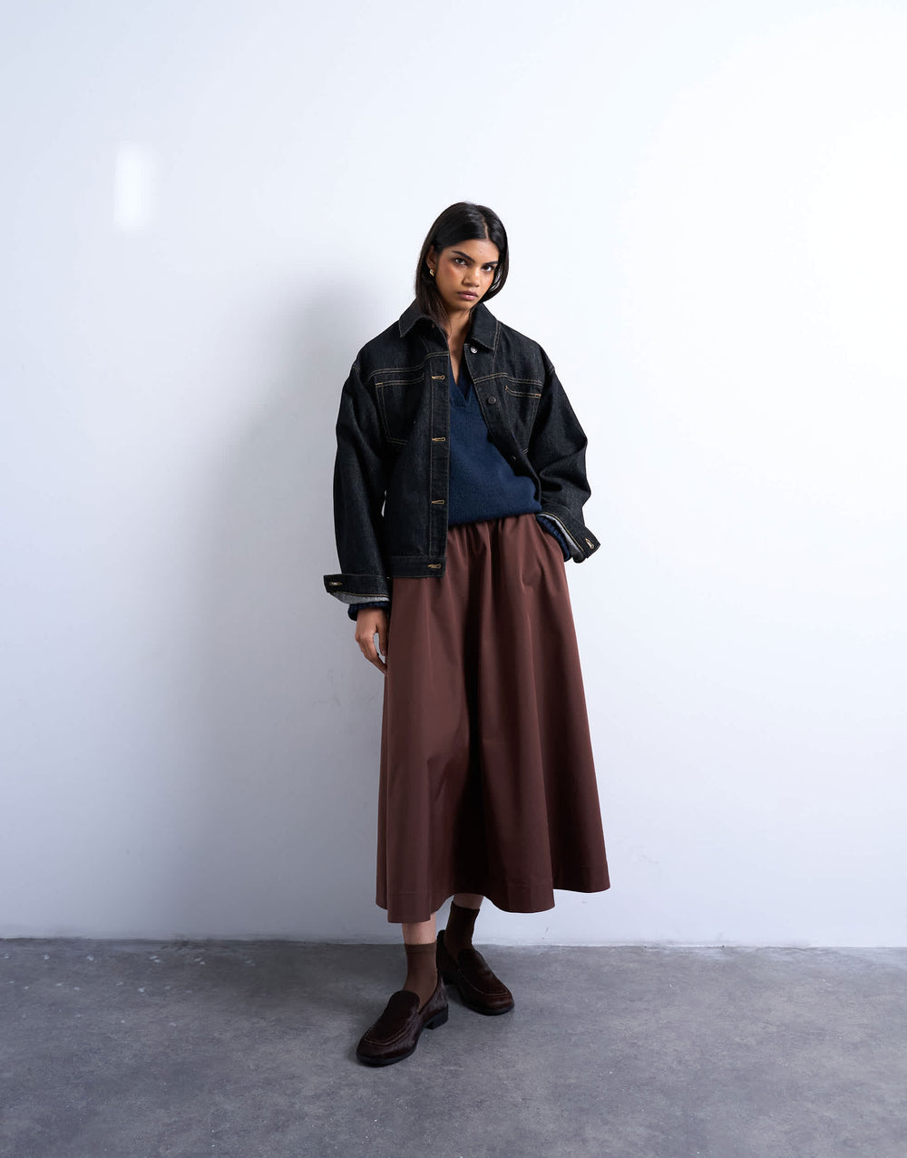 Jupe midi Topshop ample à taille élastiquée couleur chocolat