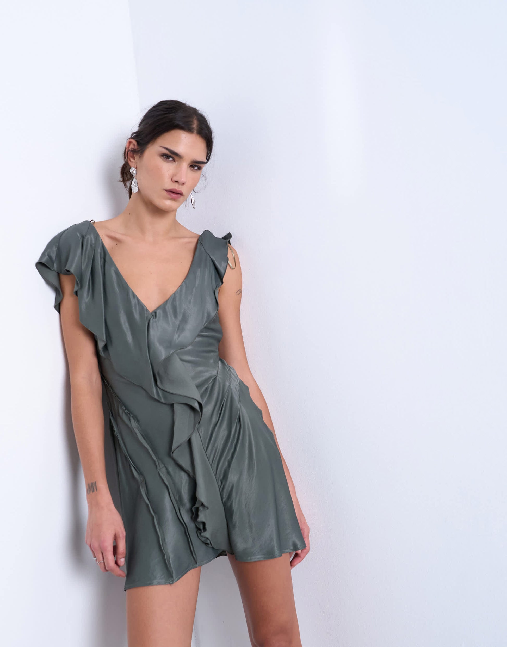 Topshop raw seemed frill mini dress in petrol