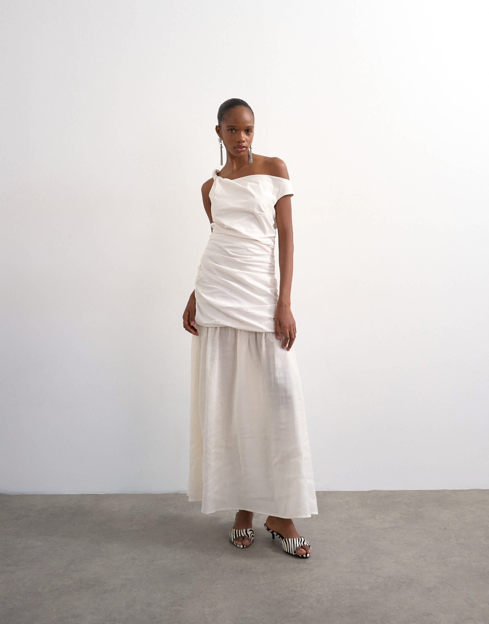 Topshop twisted shoulder sheer skirt midi dress in off-white