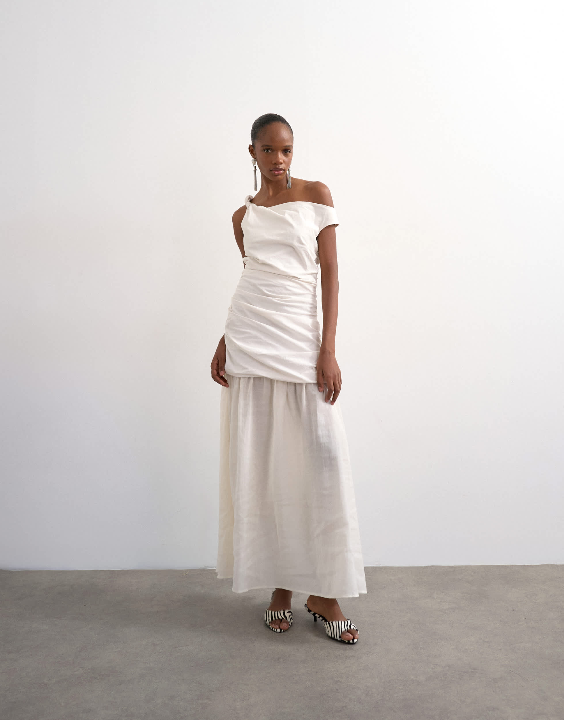 Topshop twisted shoulder sheer skirt midi dress in off-white