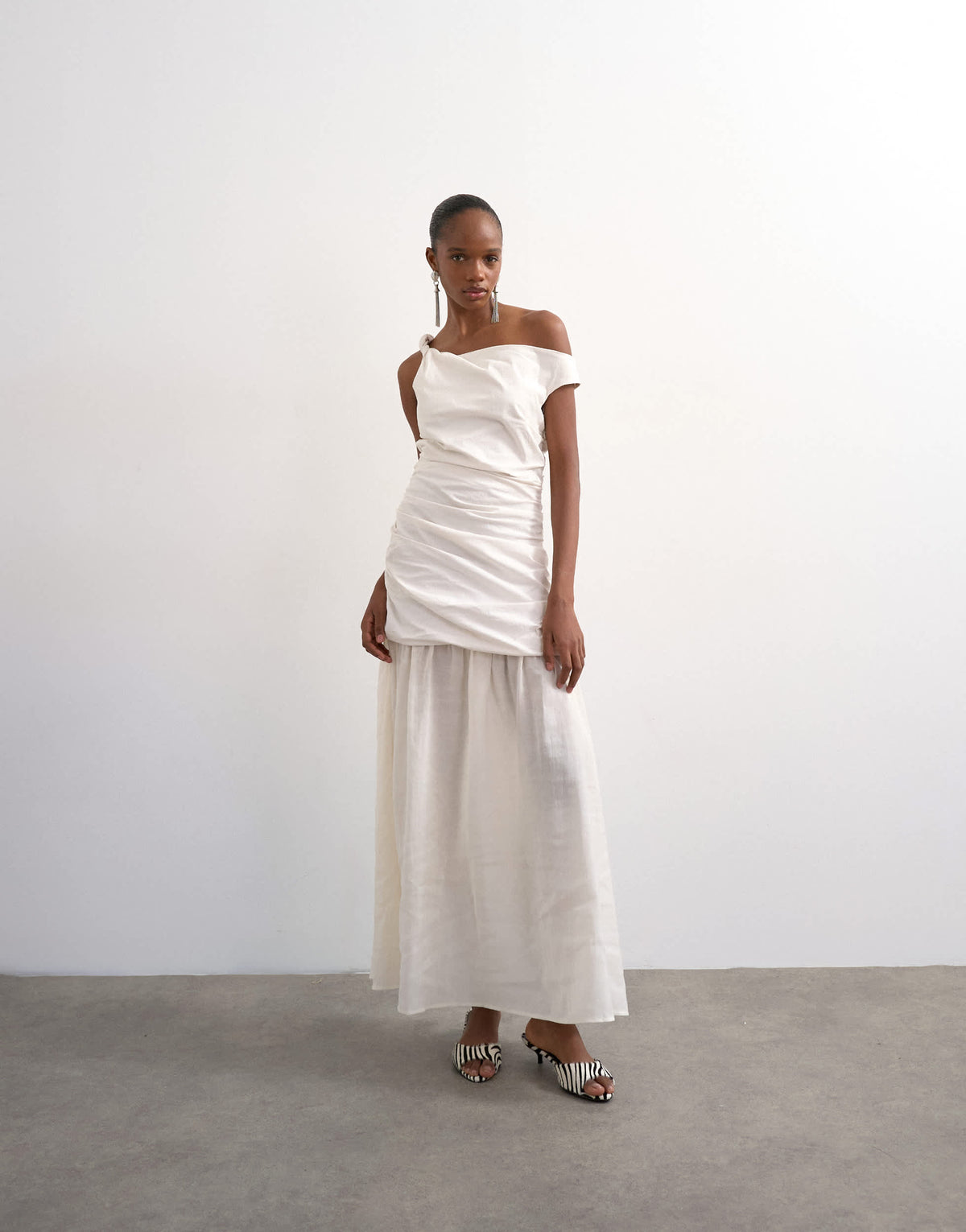 Topshop twisted shoulder sheer skirt midi dress in off-white