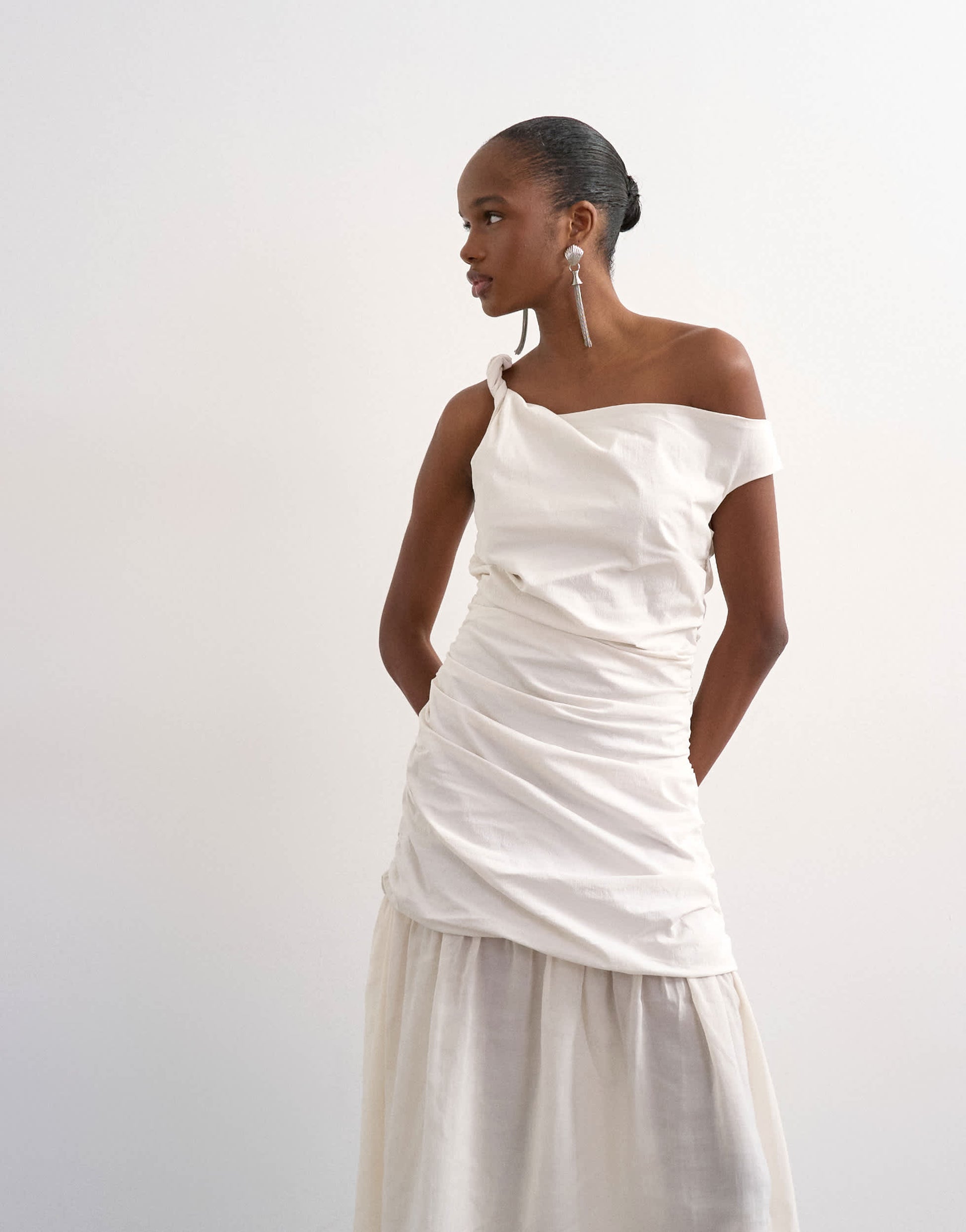 Topshop twisted shoulder sheer skirt midi dress in off-white