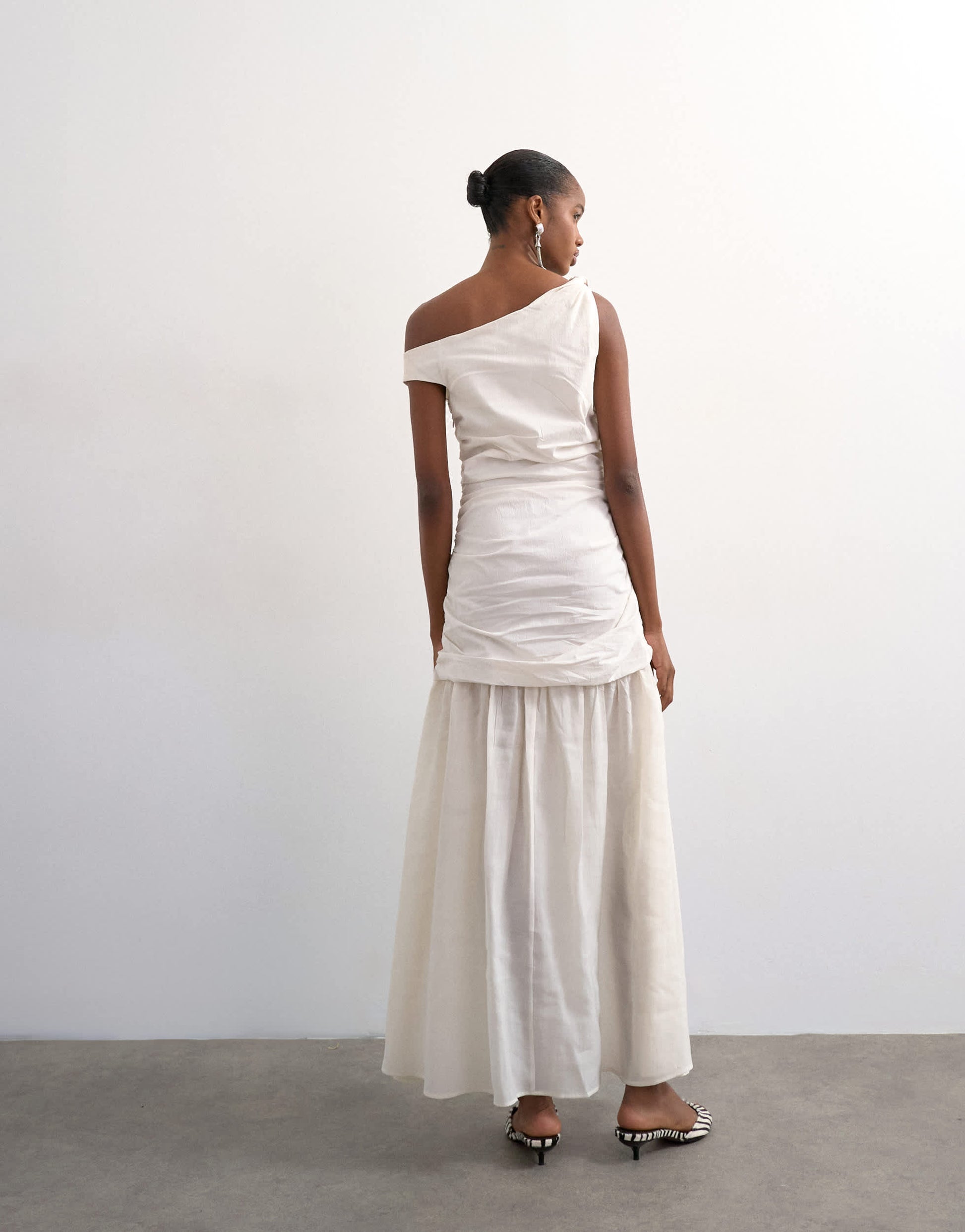 Topshop twisted shoulder sheer skirt midi dress in off-white