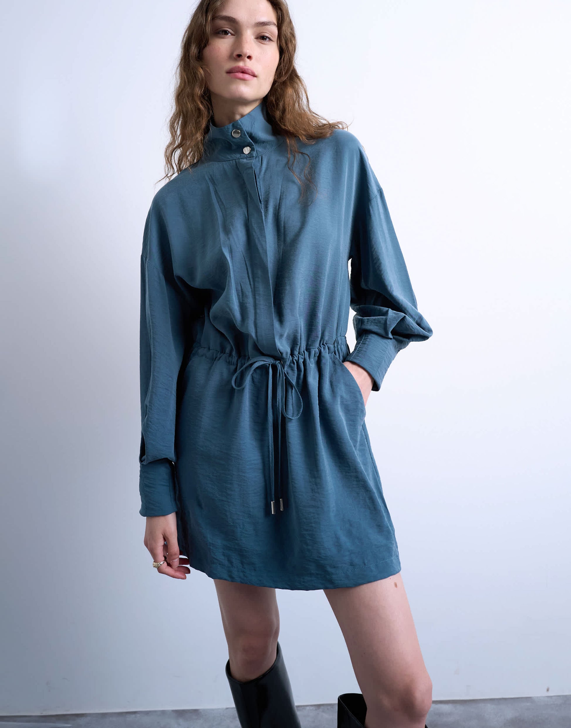 Topshop funnel neck mini dress in dusty blue