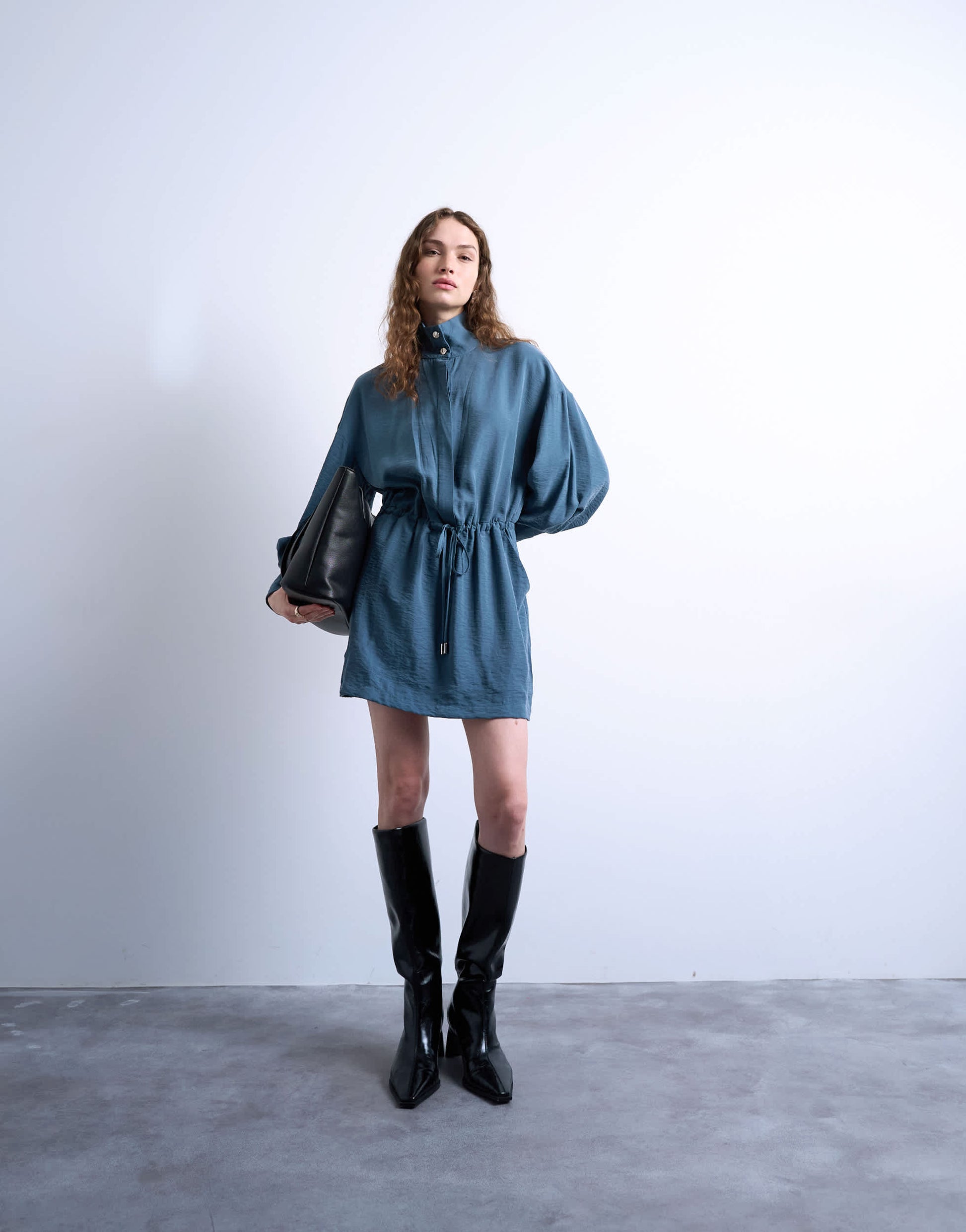 Topshop funnel neck mini dress in dusty blue