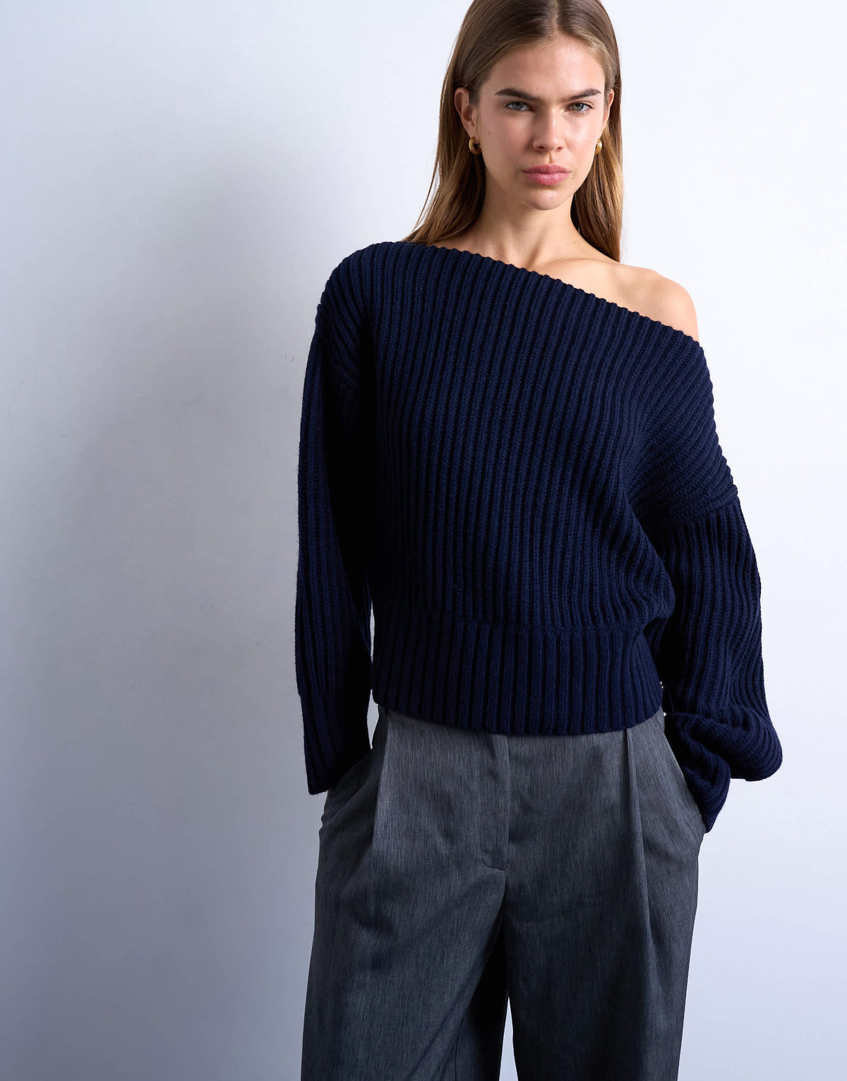 Topshop knitted slash neck jumper in navy