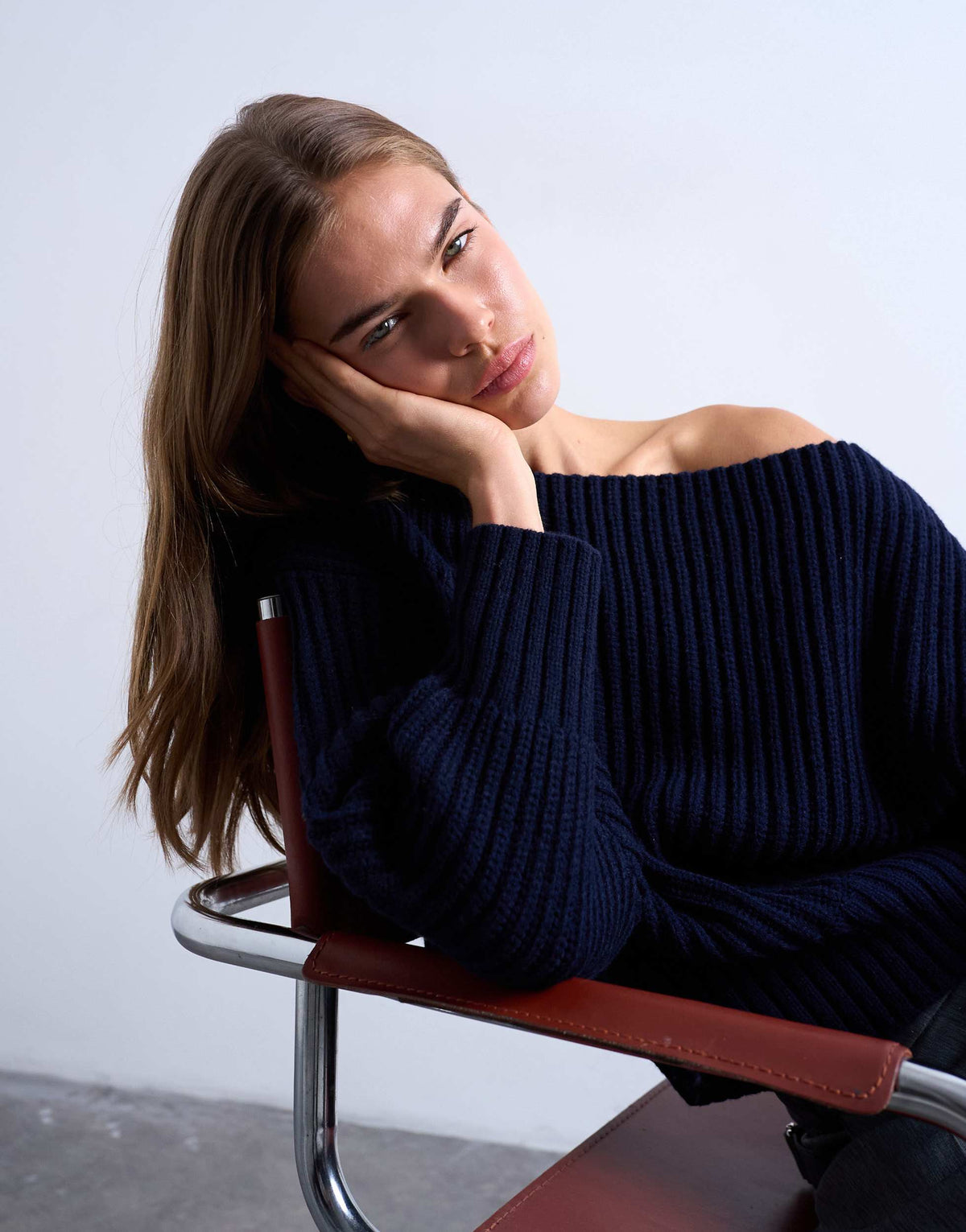 Topshop knitted slash neck jumper in navy