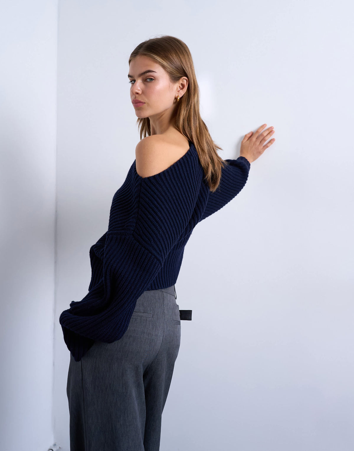 Topshop knitted slash neck jumper in navy