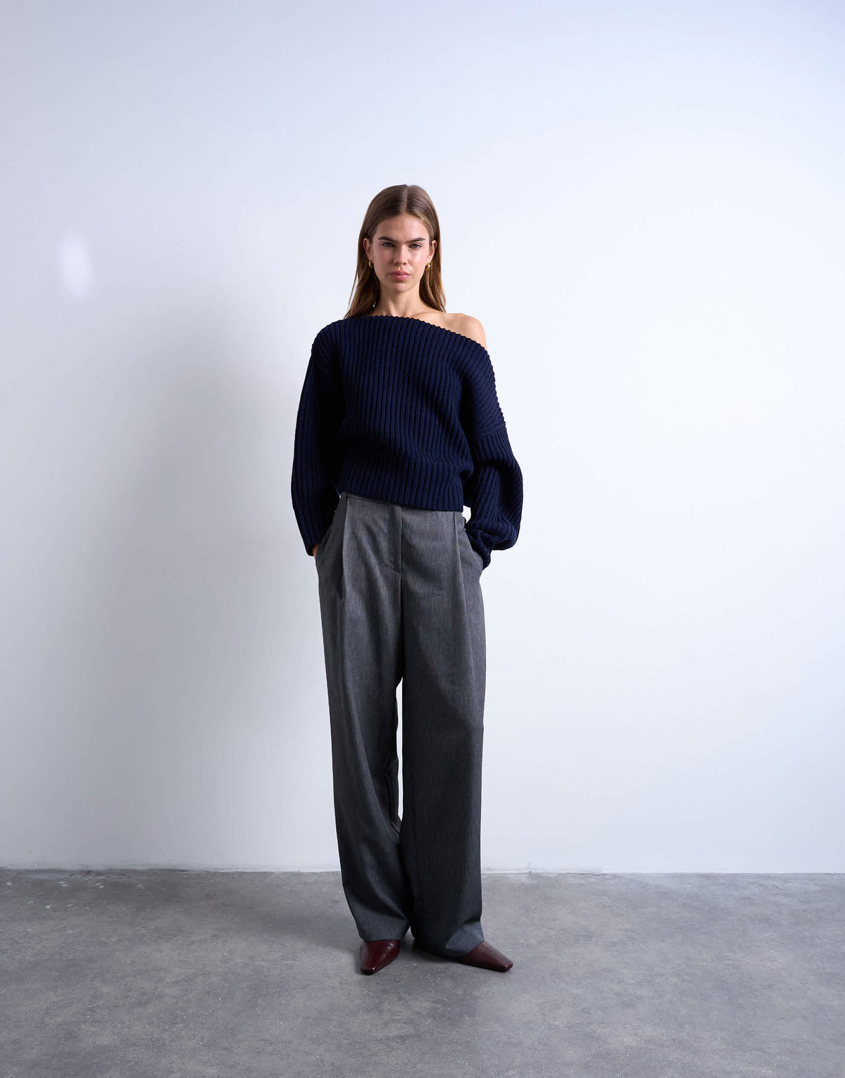 Topshop knitted slash neck jumper in navy