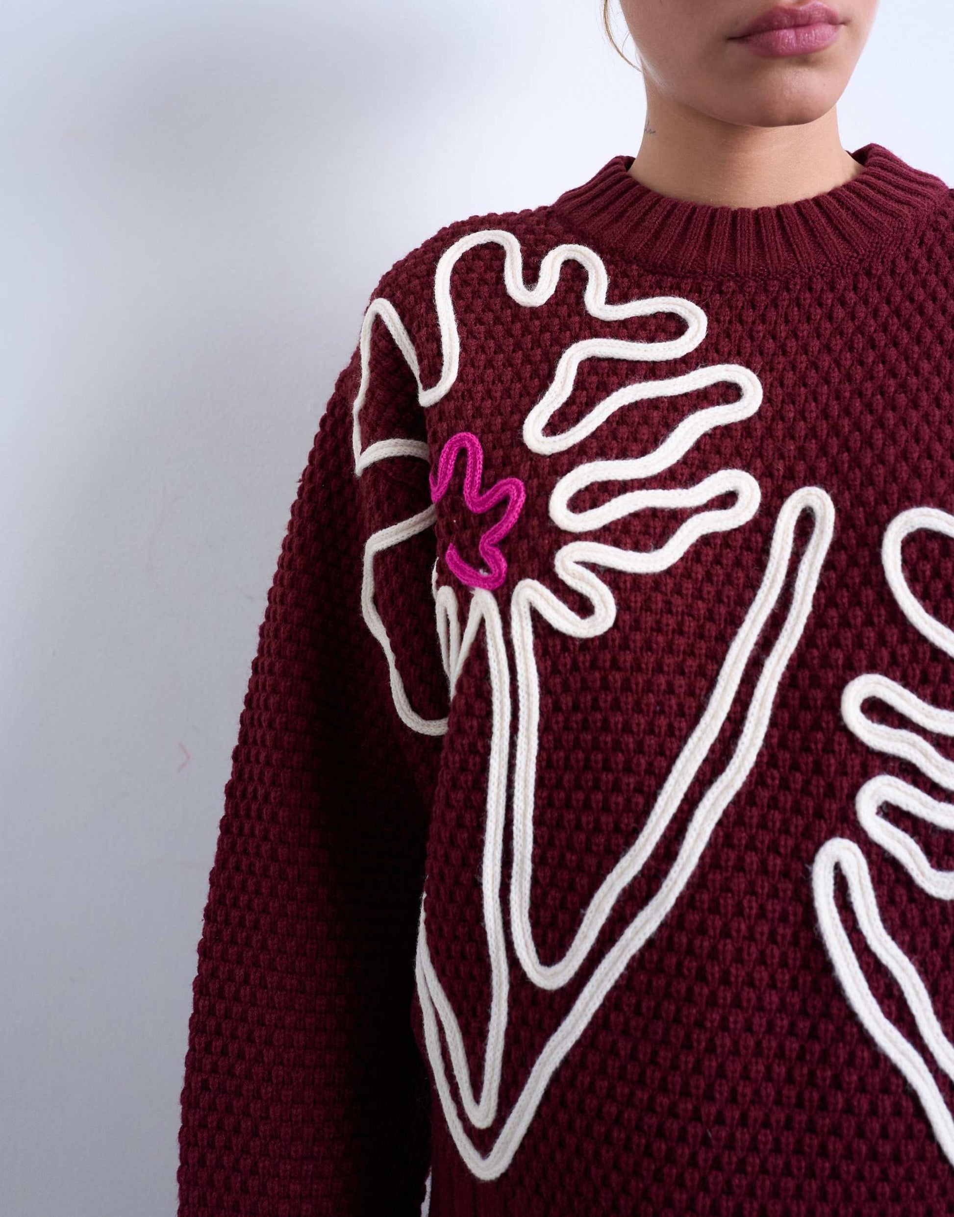 Topshop knitted embroidered floral jumper in burgundy 