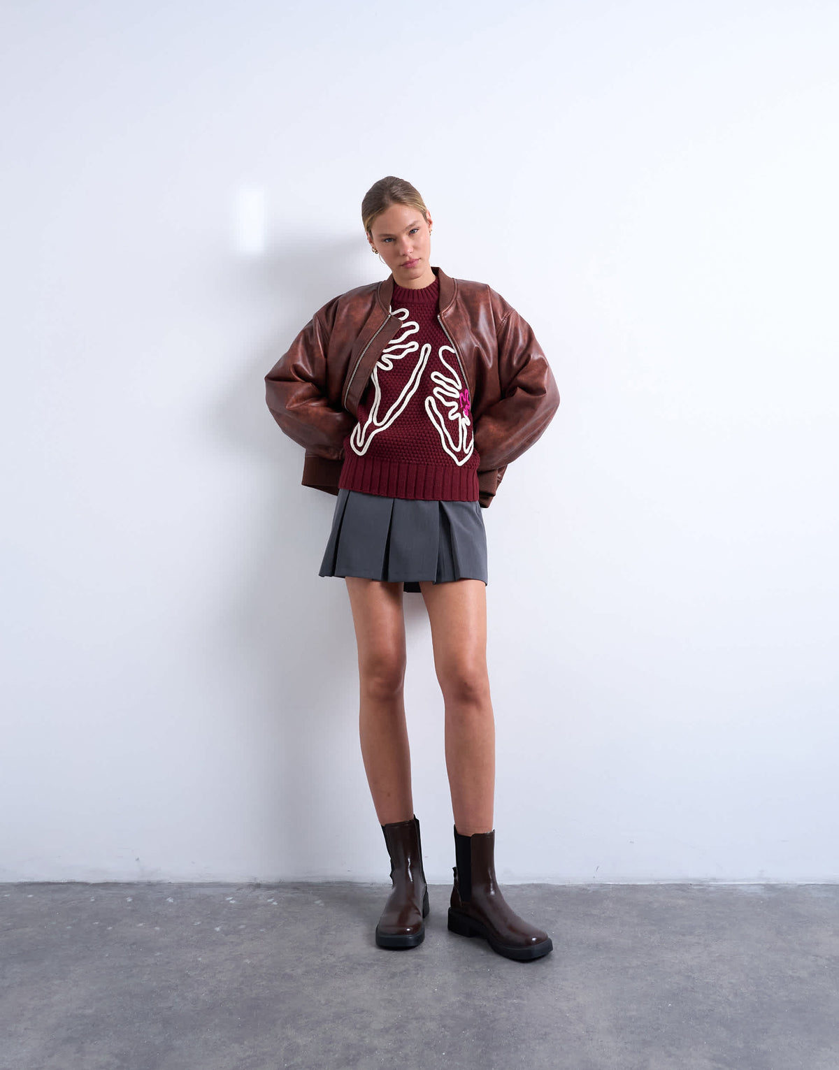 Topshop knitted embroidered floral jumper in burgundy 