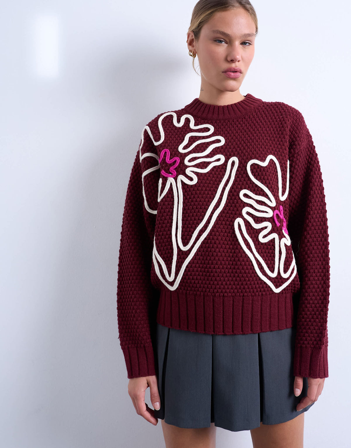 Topshop knitted embroidered floral jumper in burgundy 