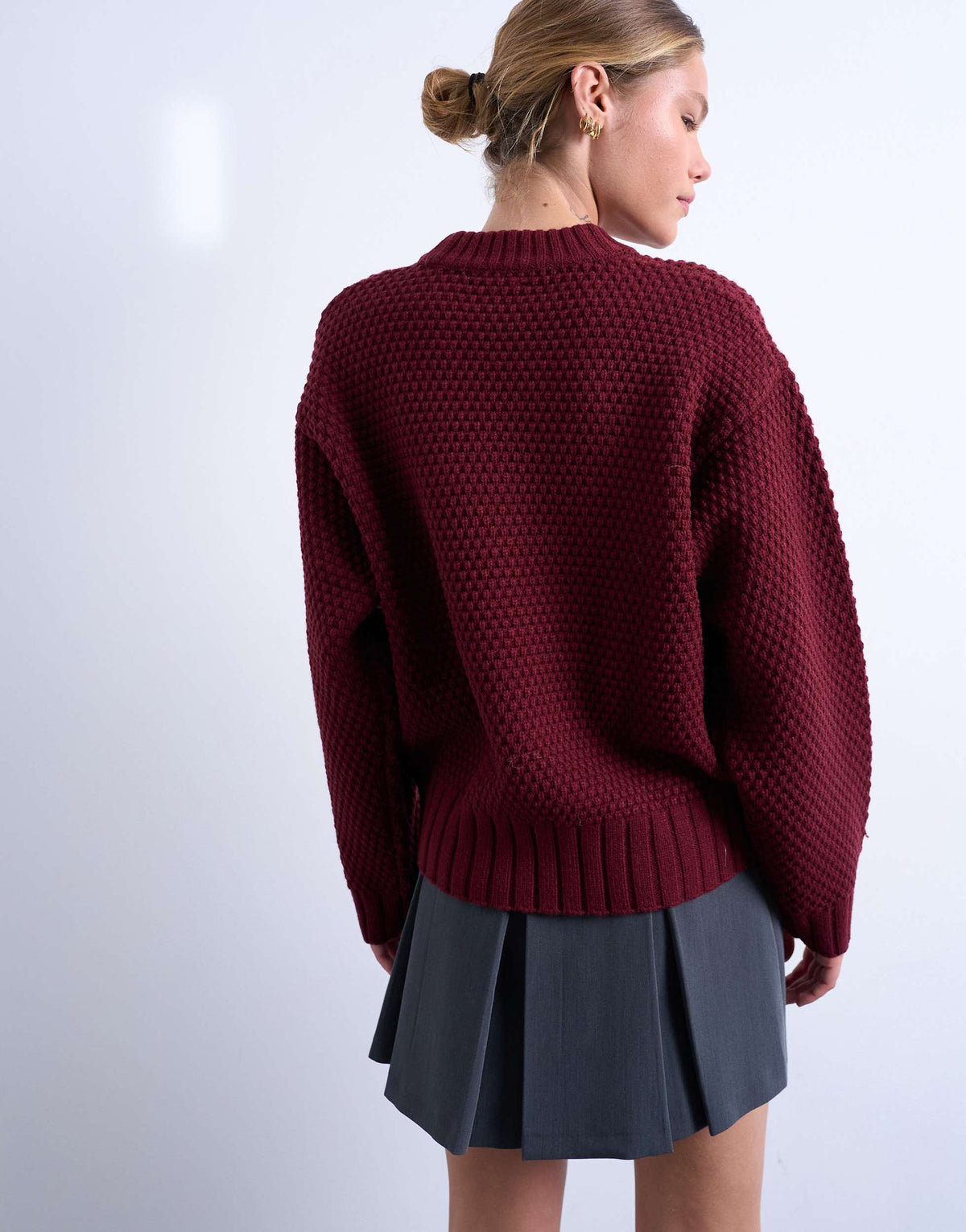 Topshop knitted embroidered floral jumper in burgundy 
