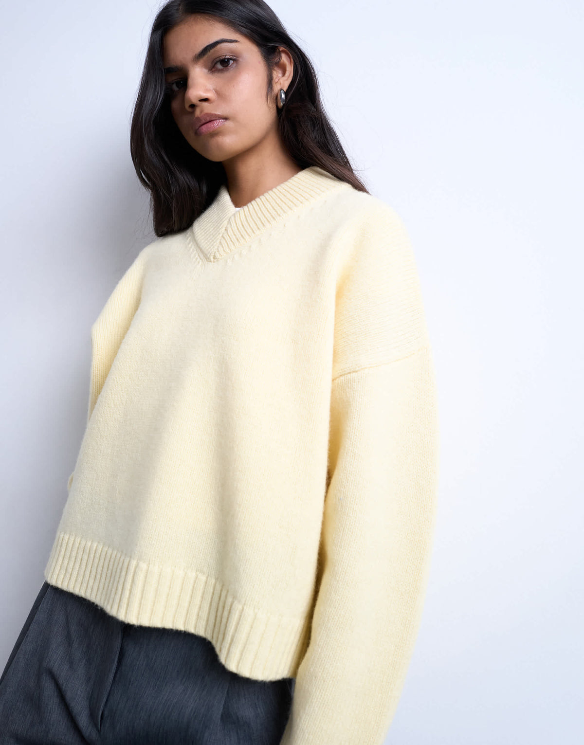 Topshop knitted clean premium lambswool v neck jumper in yellow