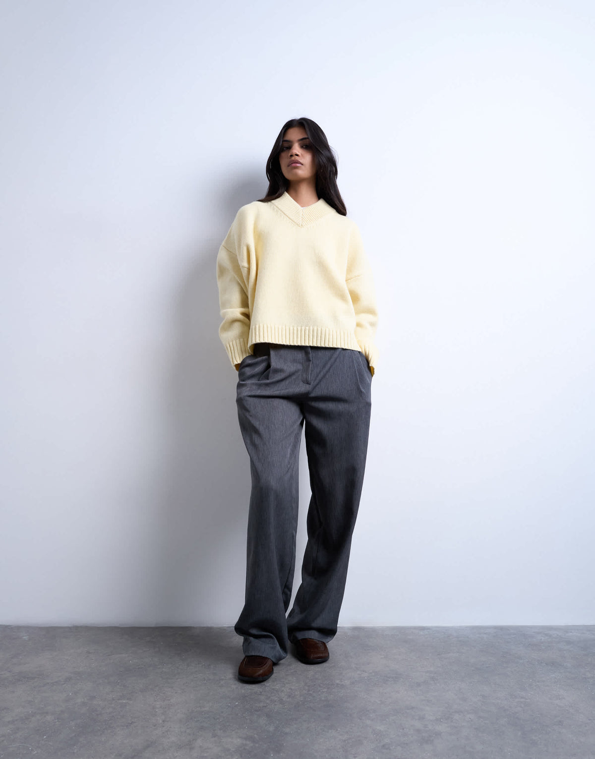 Topshop knitted clean premium lambswool v neck jumper in yellow