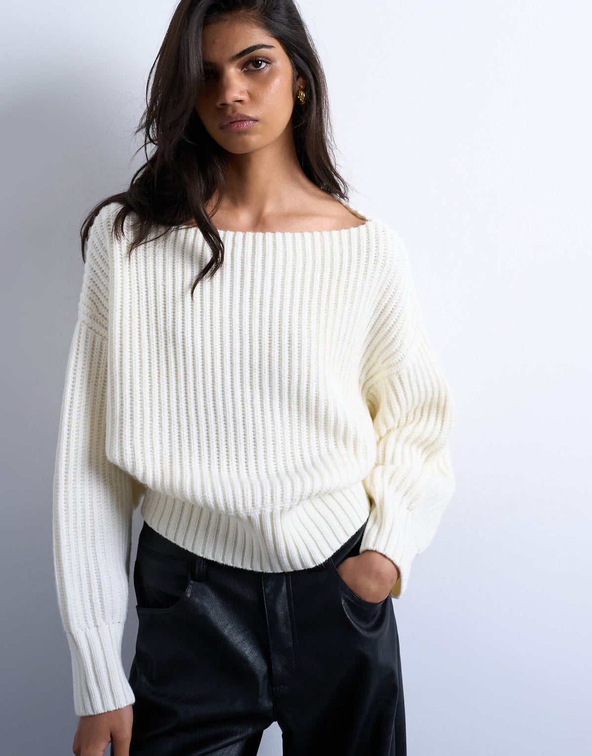 Topshop knitted slash neck jumper in ivory