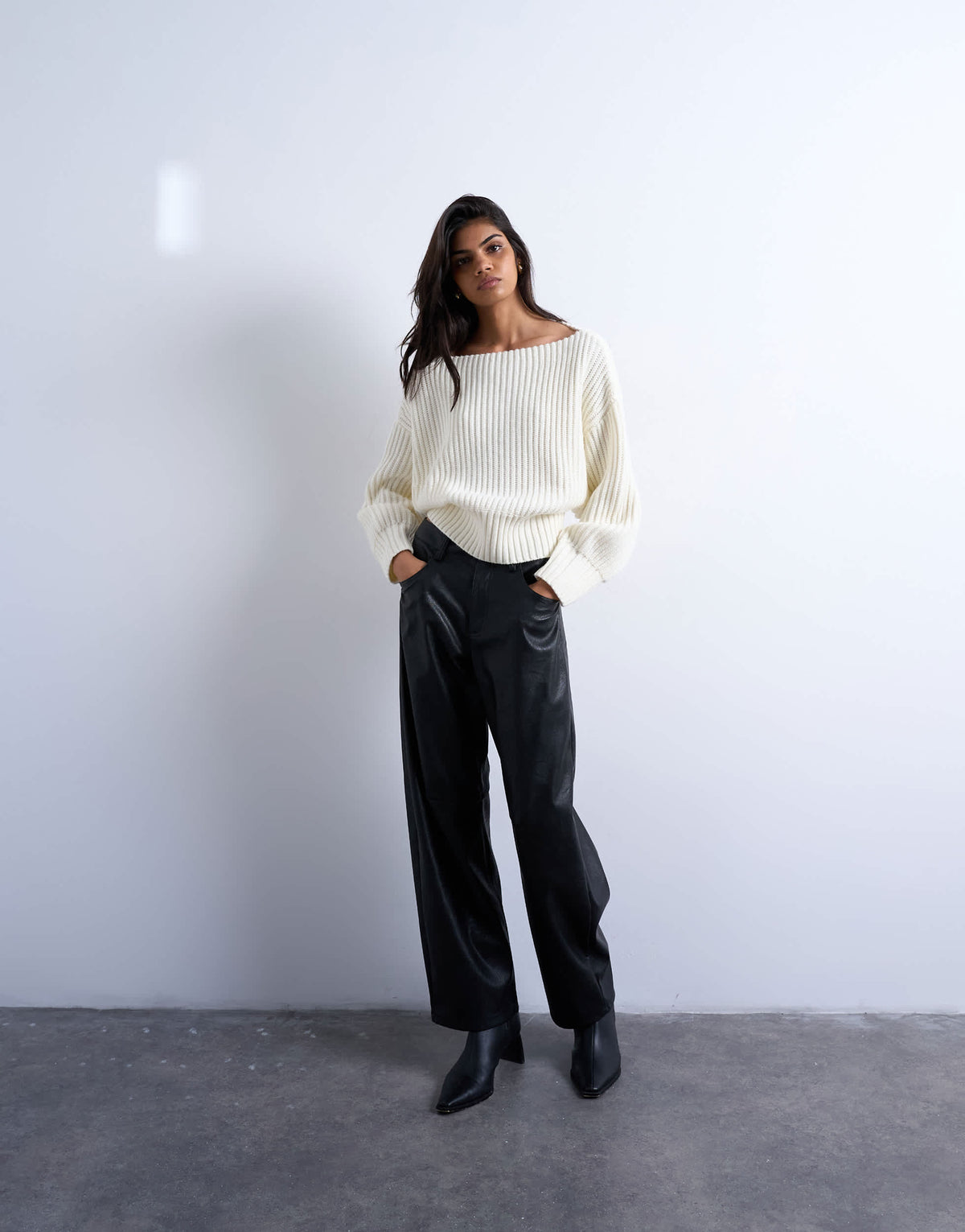 Topshop knitted slash neck jumper in ivory