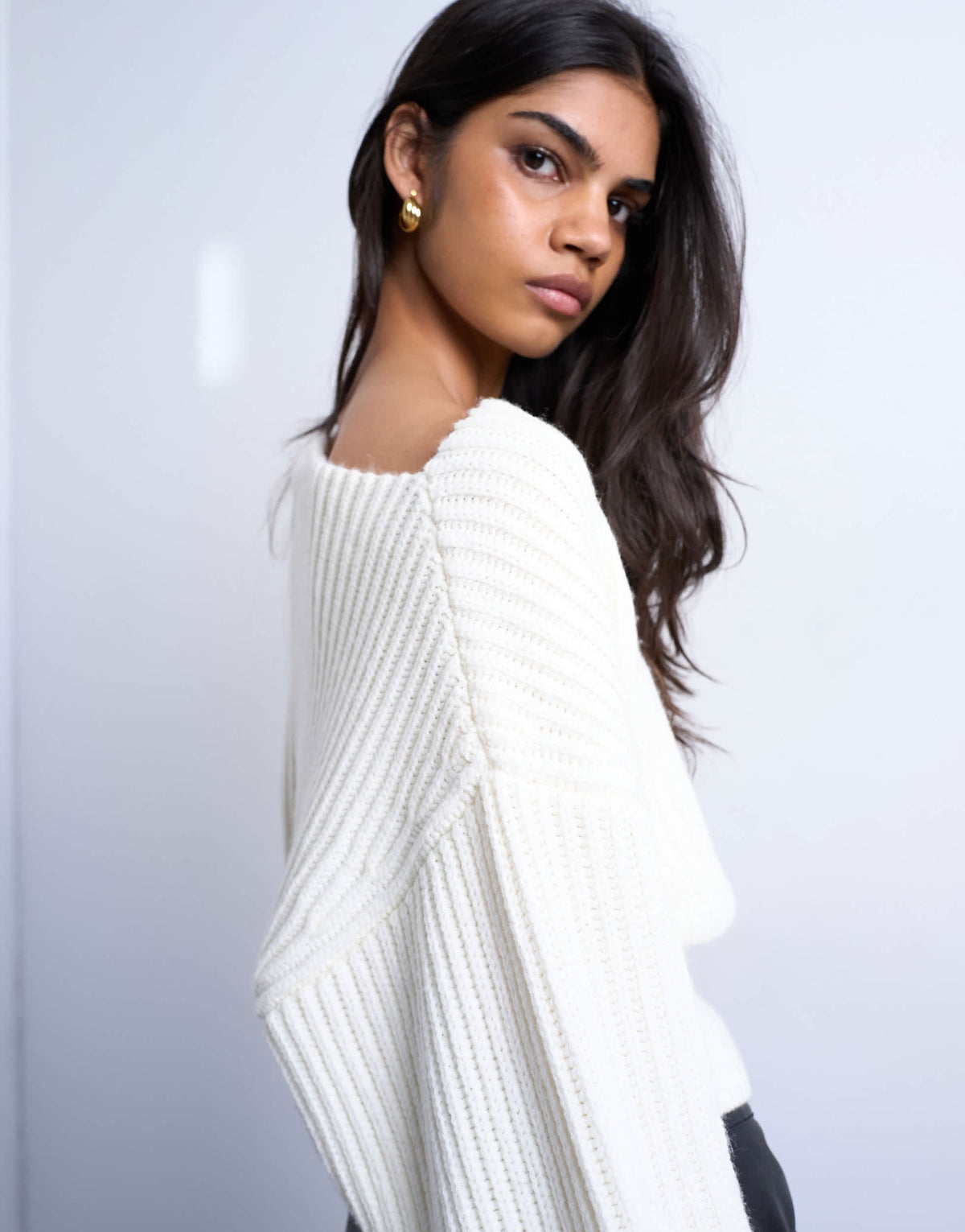 Topshop knitted slash neck jumper in ivory