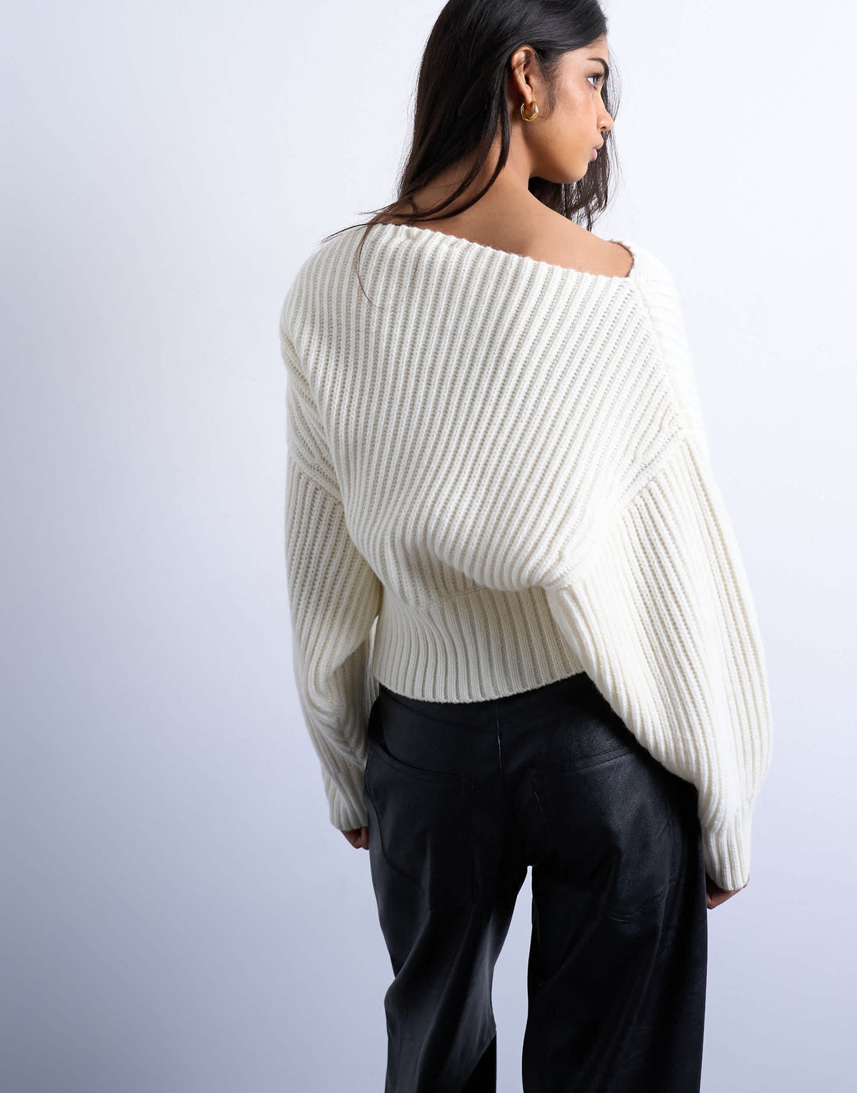 Topshop knitted slash neck jumper in ivory