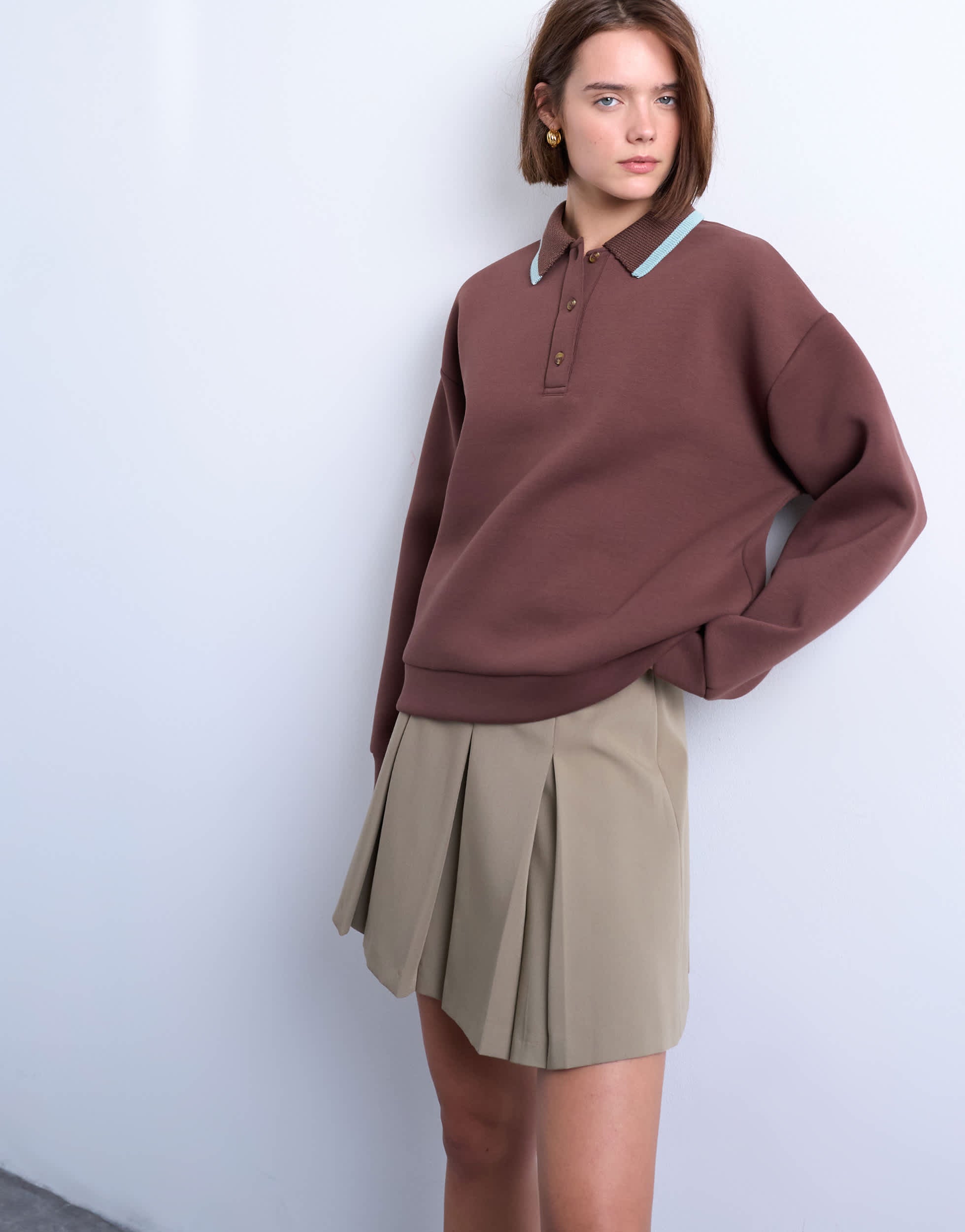 Topshop scuba-style fabric knit collar piped polo sweat in chocolate brown