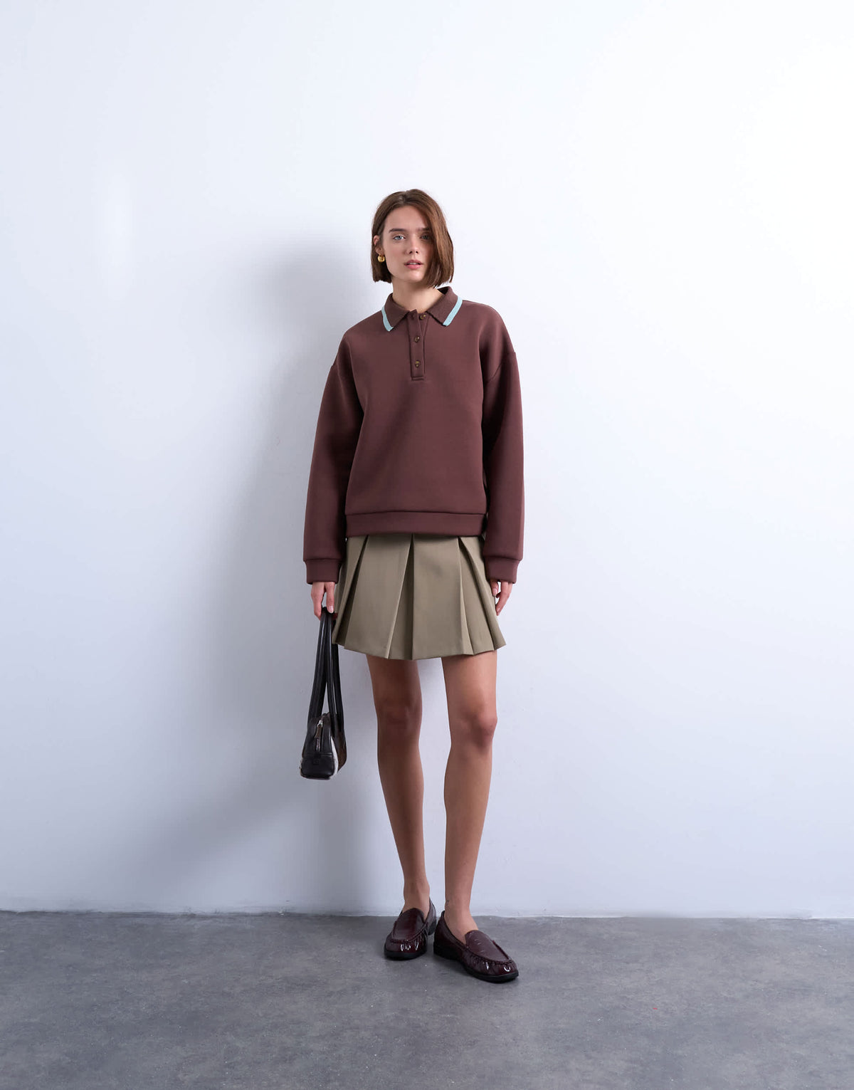 Topshop scuba-style fabric knit collar piped polo sweat in chocolate brown
