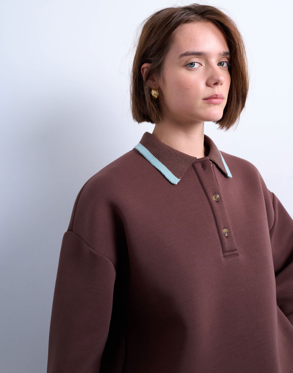 Topshop scuba-style fabric knit collar piped polo sweat in chocolate brown