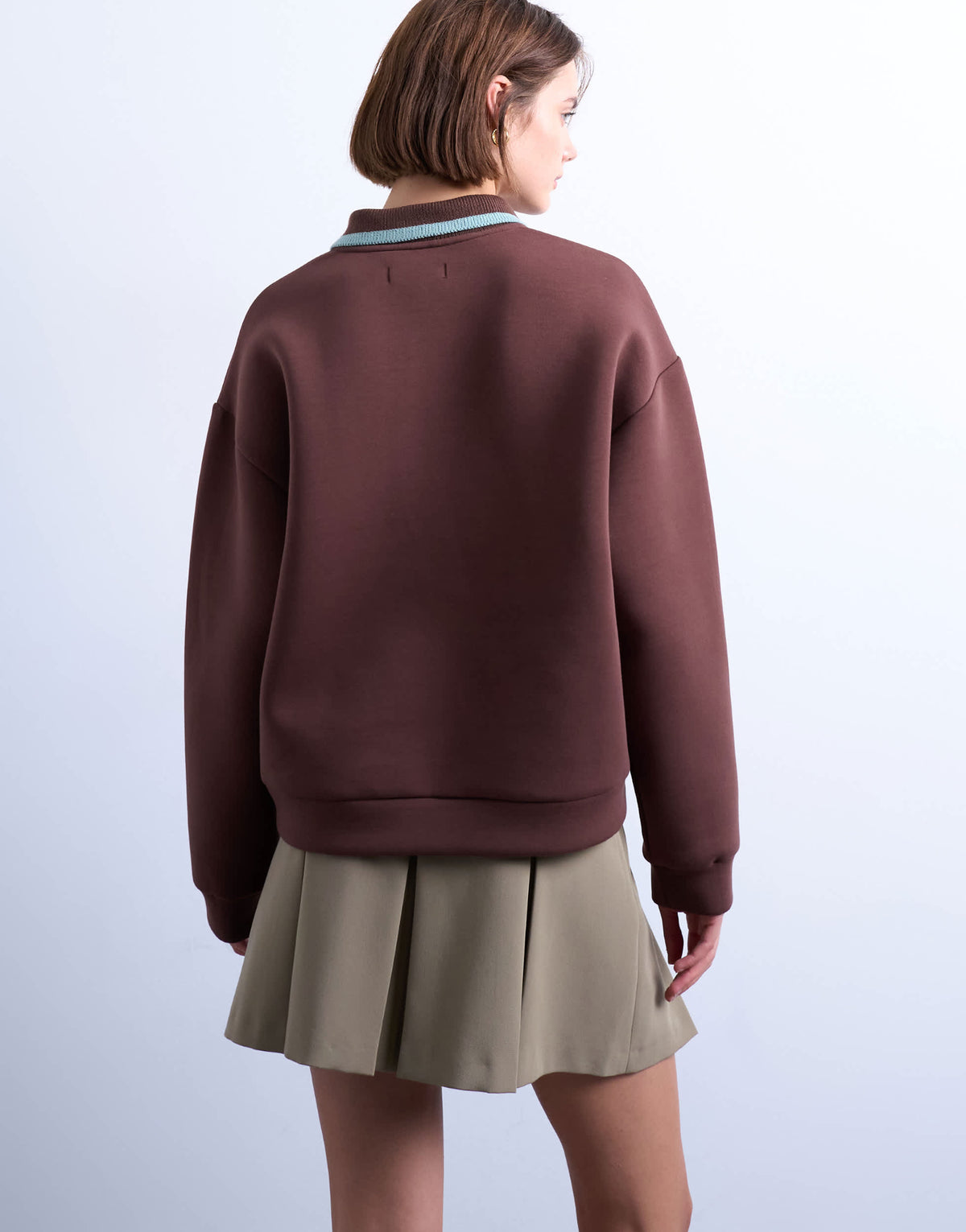 Topshop scuba-style fabric knit collar piped polo sweat in chocolate brown