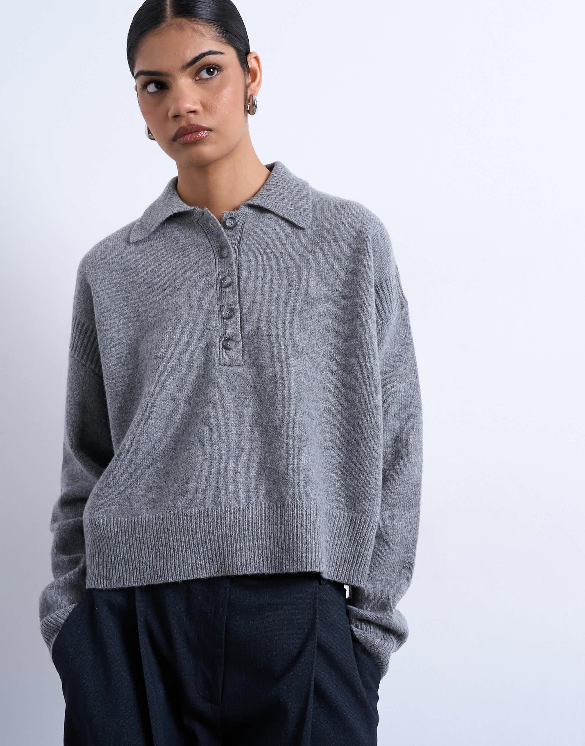Topshop knitted premium 100% lambswool polo jumper in grey