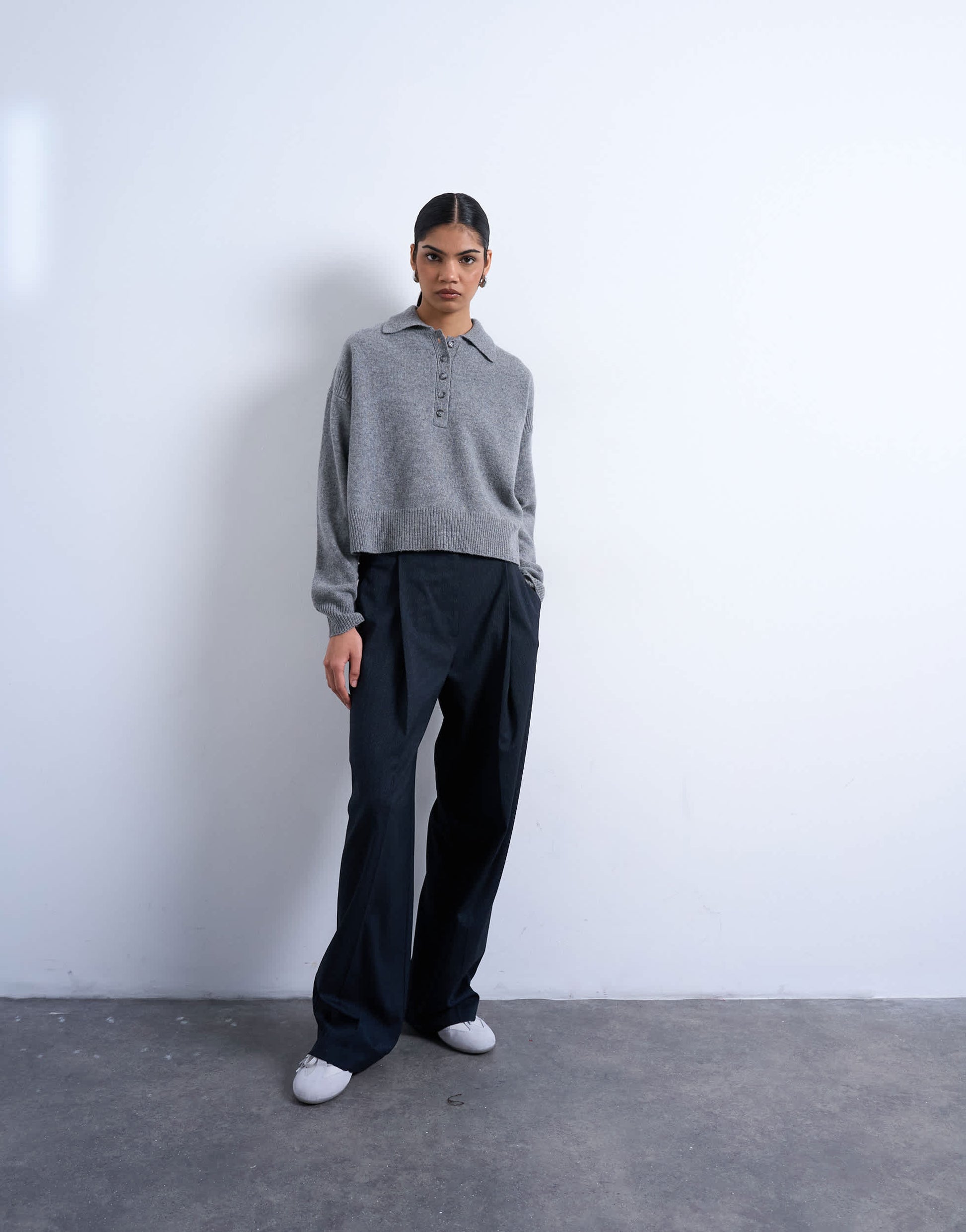 Topshop knitted premium 100% lambswool polo jumper in grey