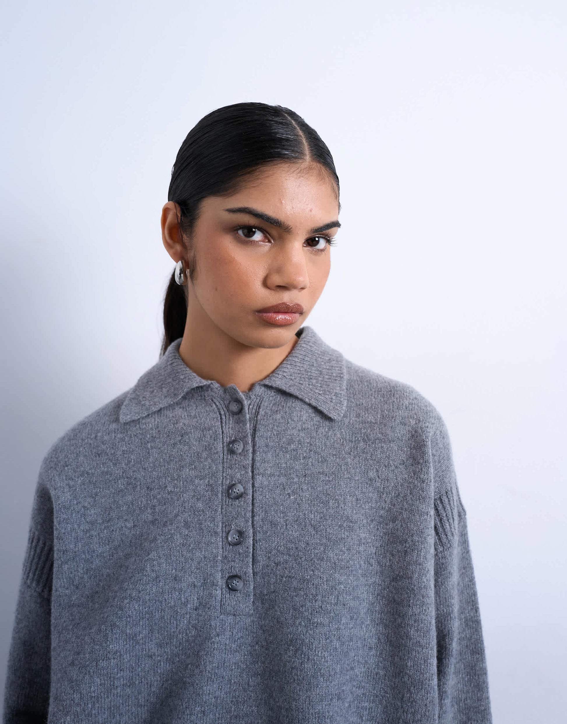 Topshop knitted premium 100% lambswool polo jumper in grey