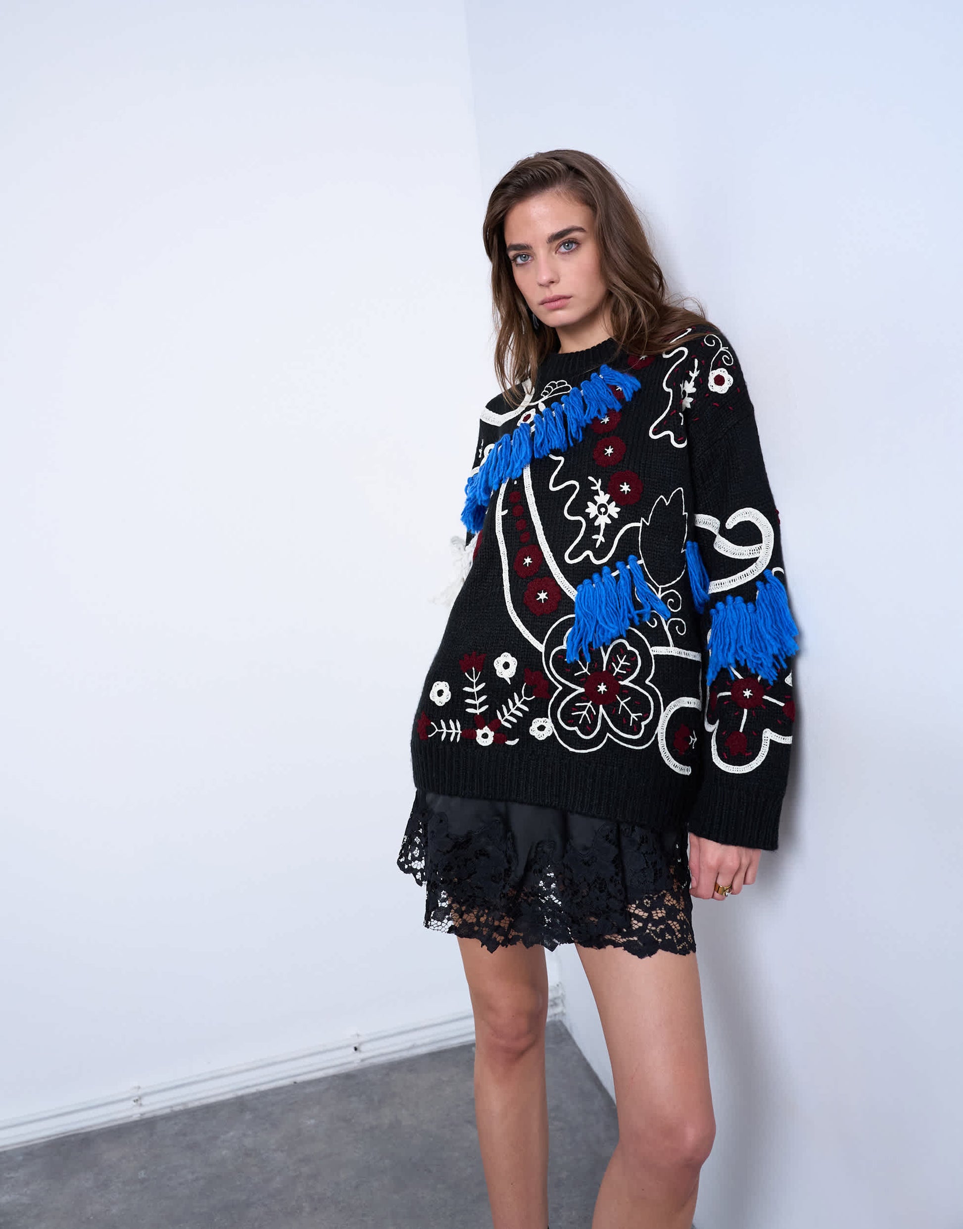 Topshop knitted premium oversized embroidered jumper in black