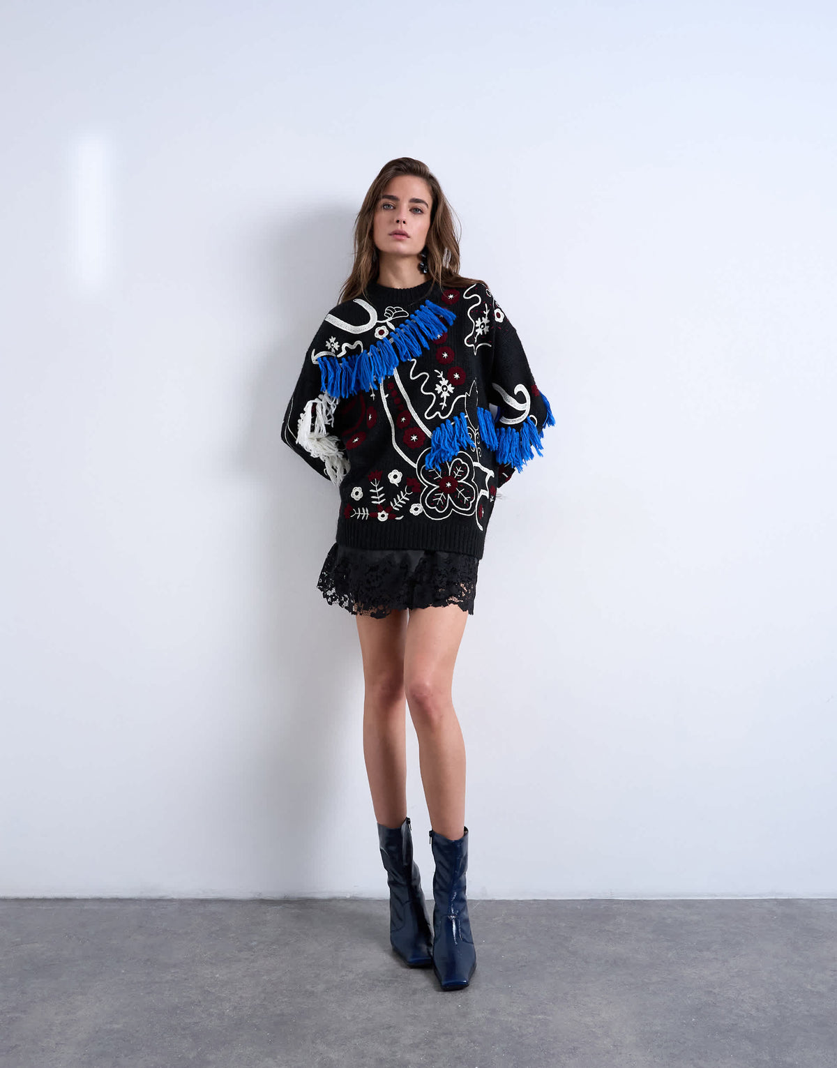 Topshop knitted premium oversized embroidered jumper in black