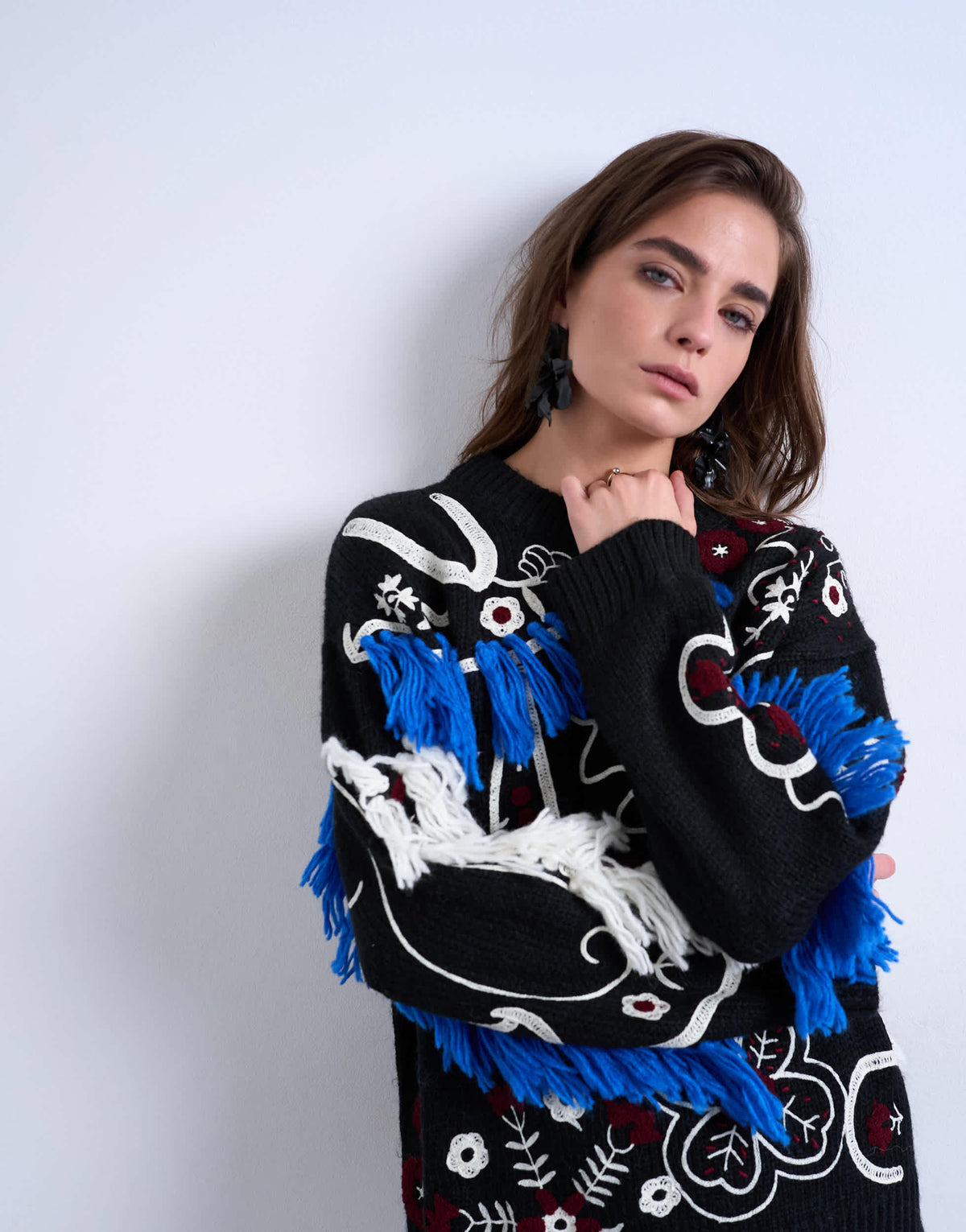 Topshop knitted premium oversized embroidered jumper in black