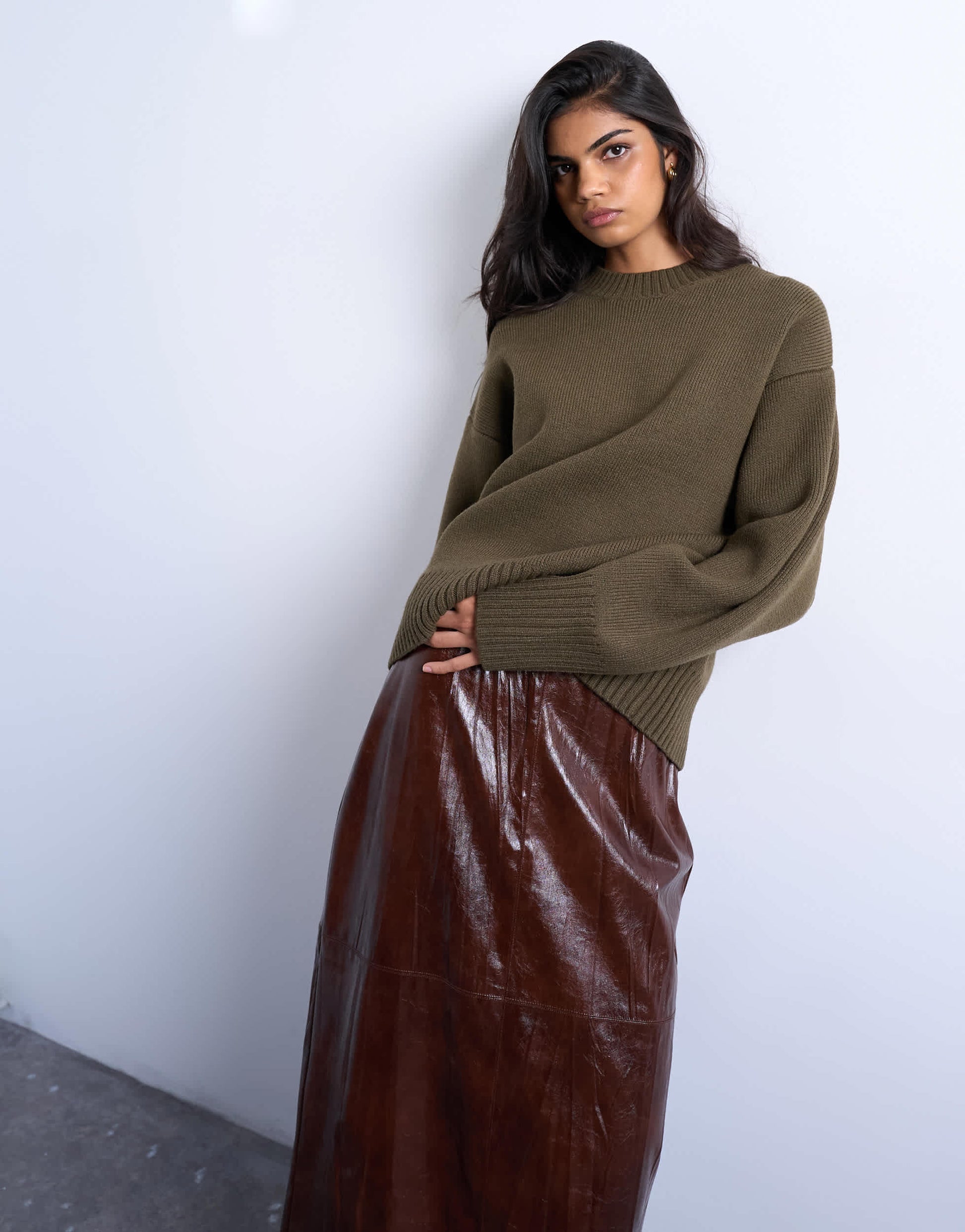 Topshop knitted chunky all needle clean crew jumper in khaki