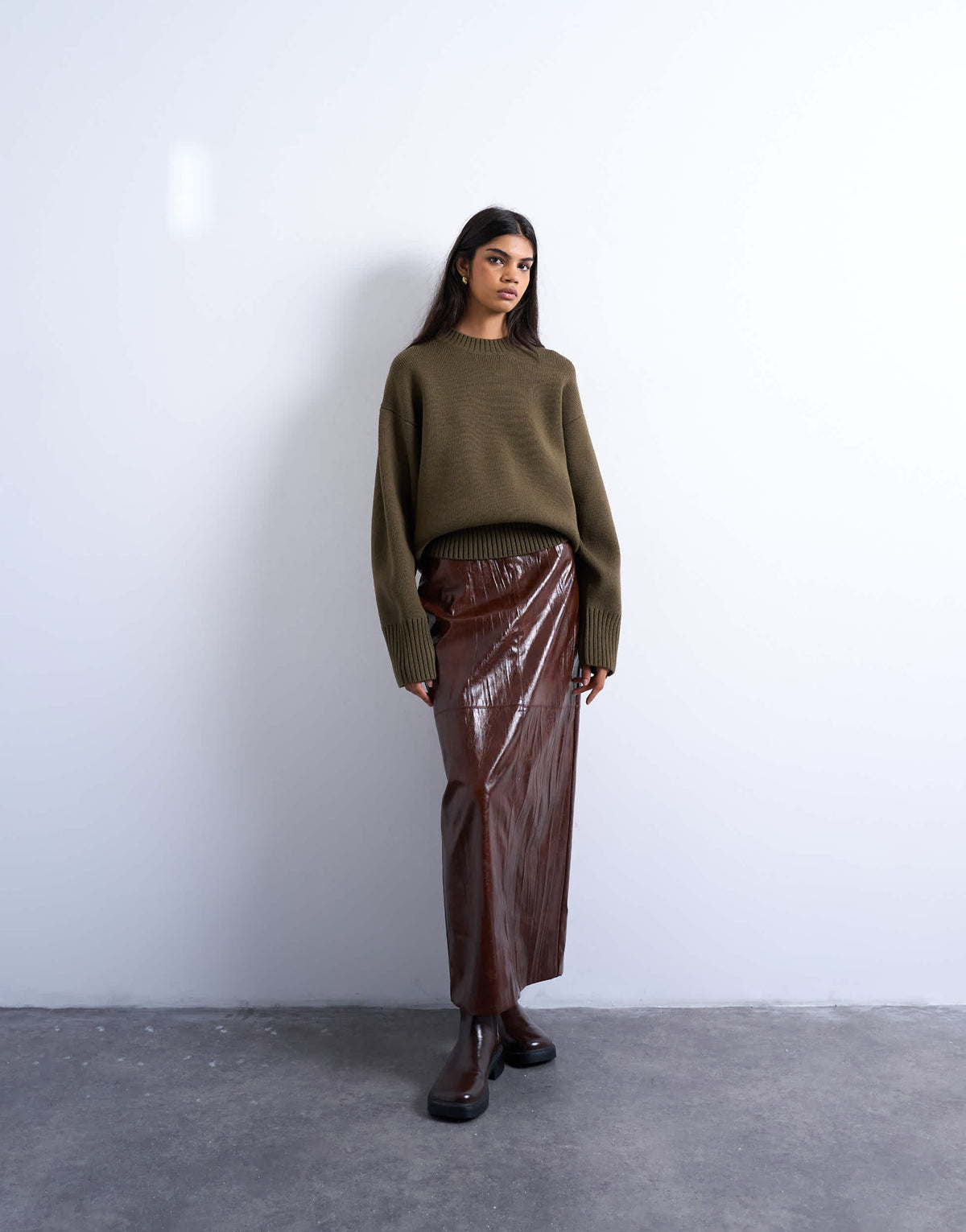 Topshop knitted chunky all needle clean crew jumper in khaki