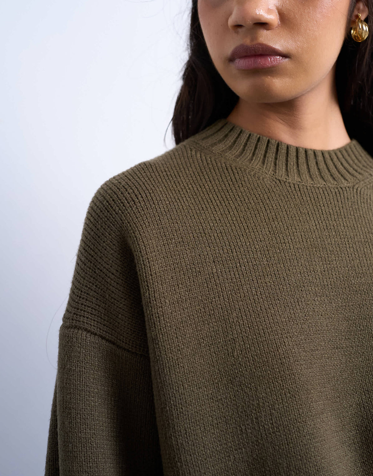 Topshop knitted chunky all needle clean crew jumper in khaki