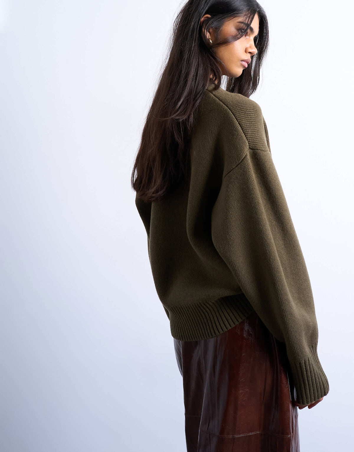 Topshop knitted chunky all needle clean crew jumper in khaki