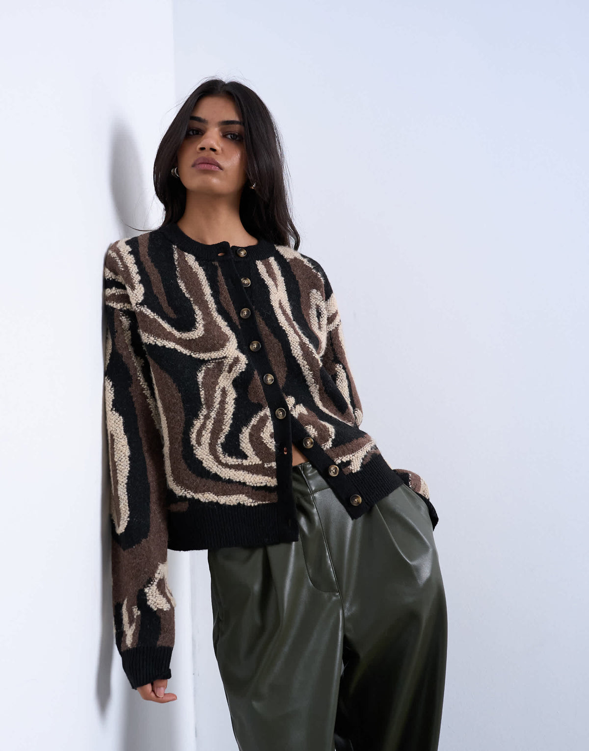 Topshop knitted animal pattern cardigan in brown