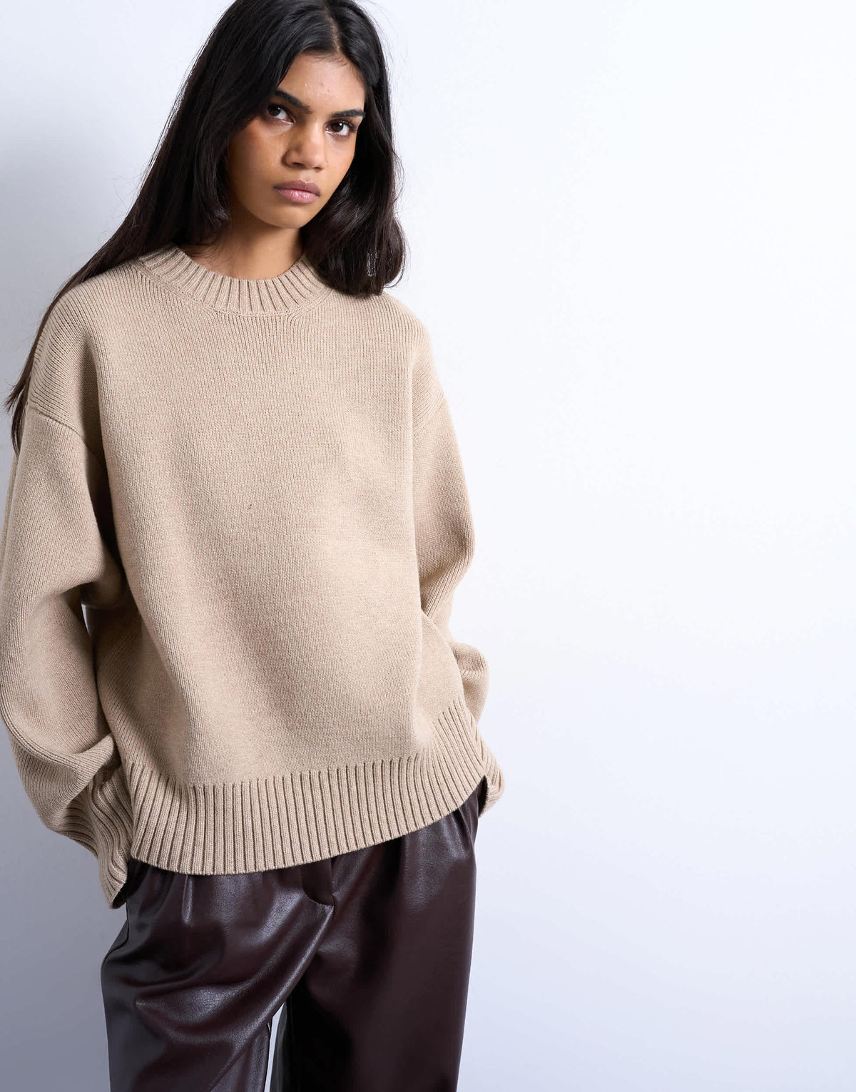 Topshop knitted chunky all needle clean crew jumper in oat