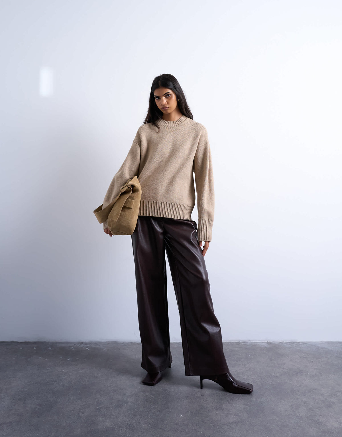 Topshop knitted chunky all needle clean crew jumper in oat
