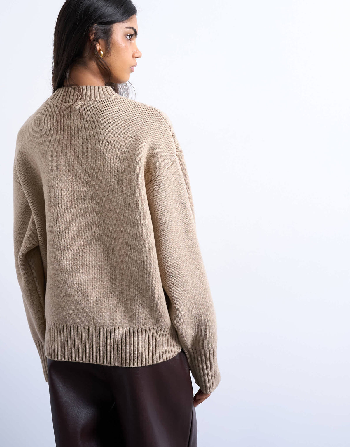 Topshop knitted chunky all needle clean crew jumper in oat