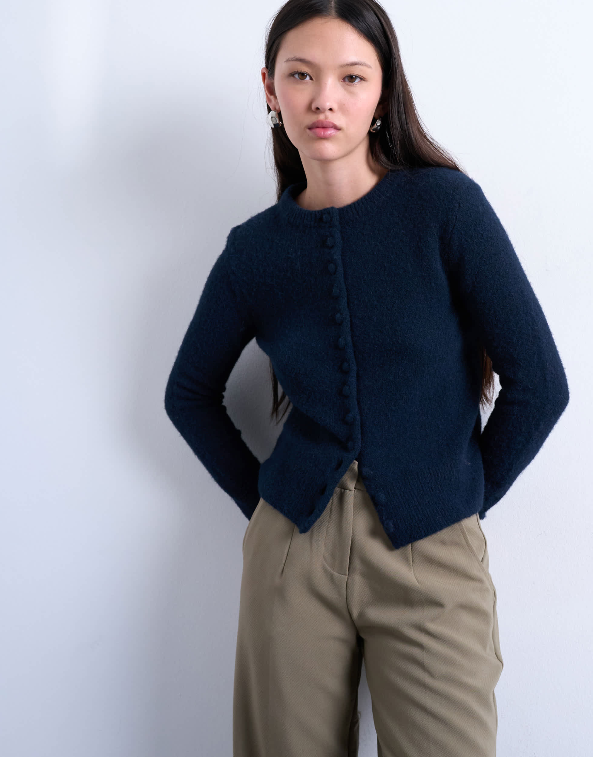Topshop knitted covered button cardigan in navy