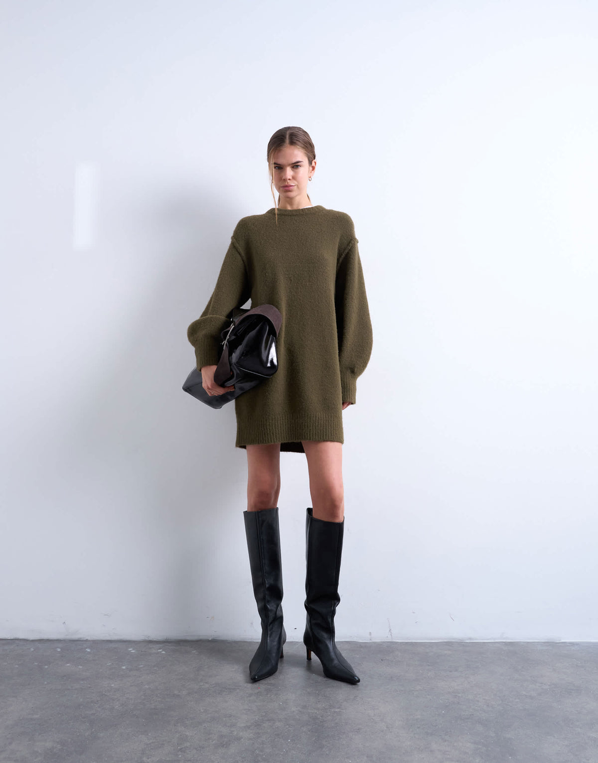 Topshop knitted wool crew neck mini dress in khaki