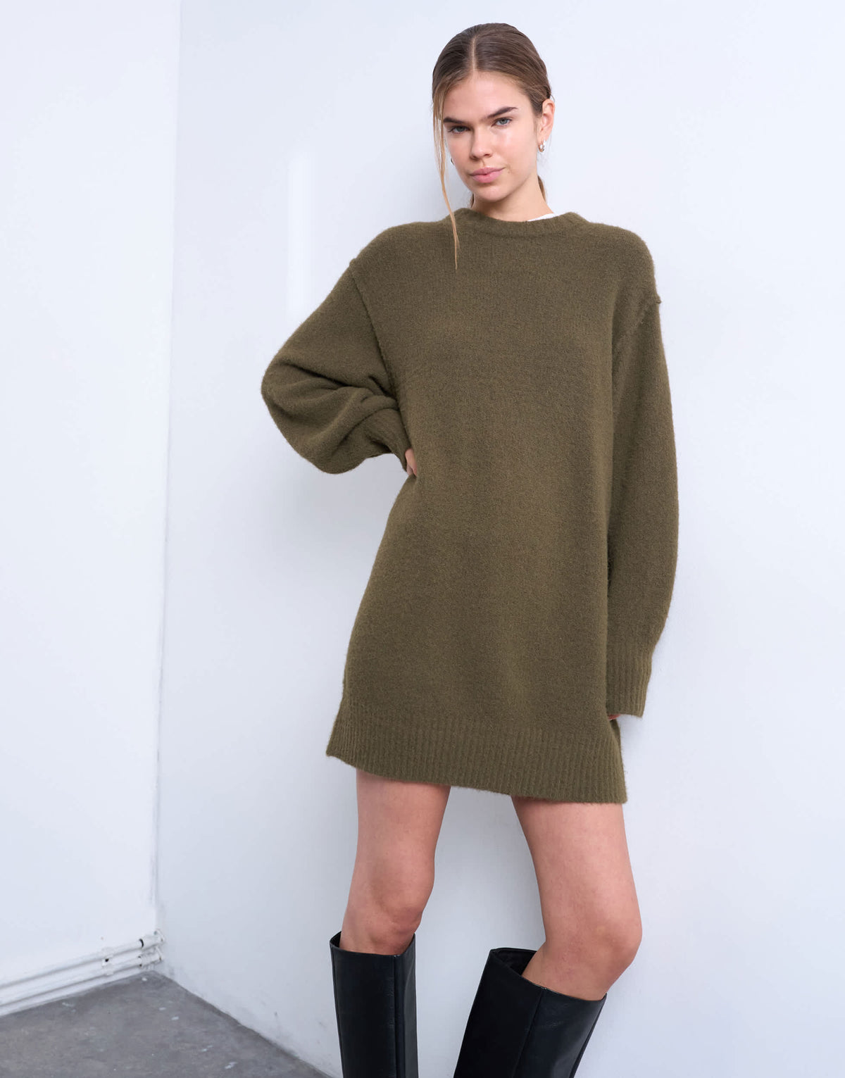 Topshop knitted wool crew neck mini dress in khaki