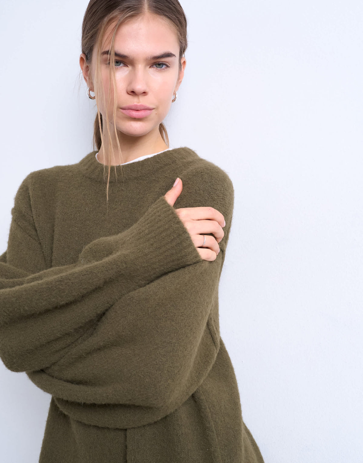 Topshop knitted wool crew neck mini dress in khaki