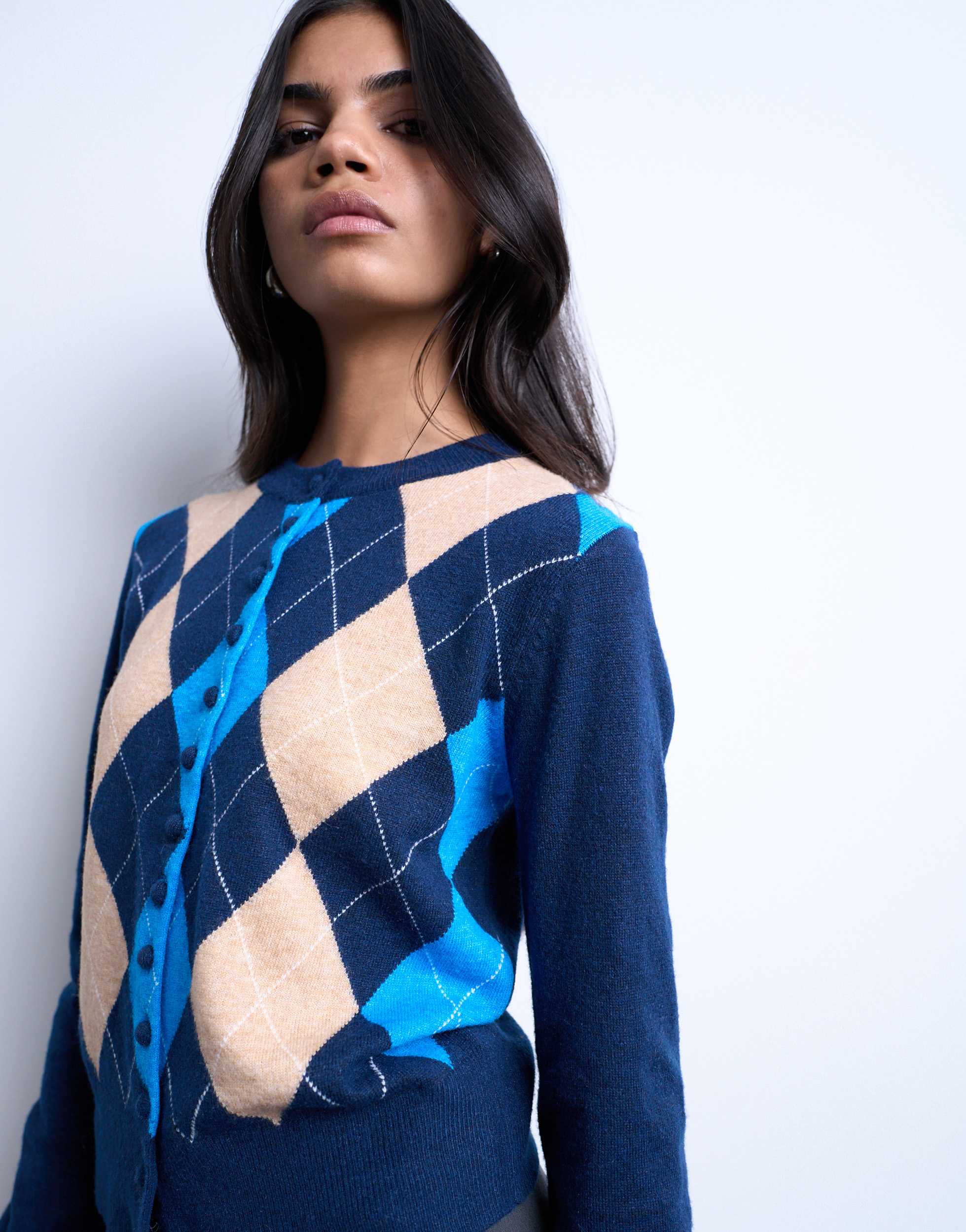 Gilet Topshop en maille fine à losanges bleu marine